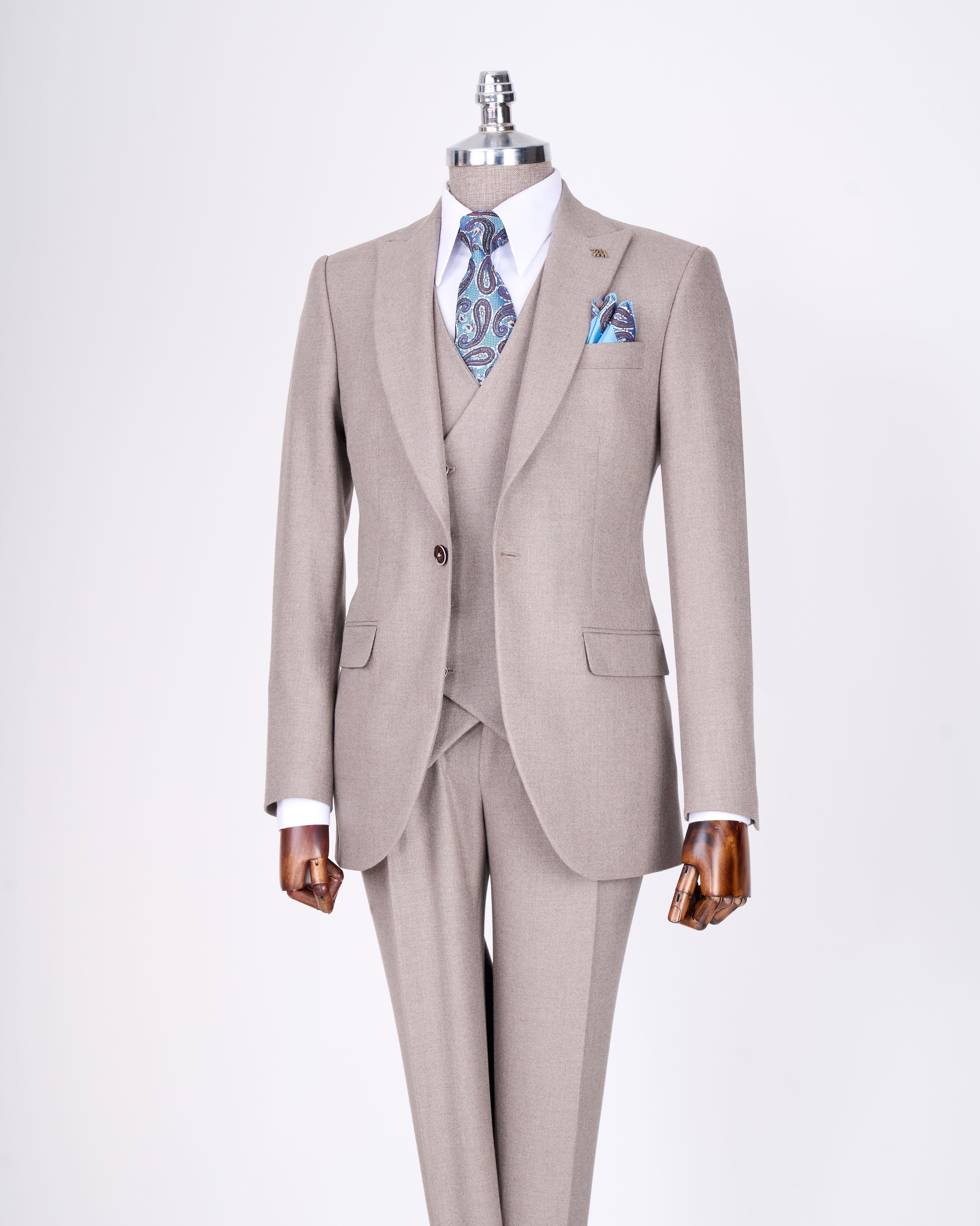 İtalyan stil slim fit erkek ceket yelek pantolon takım elbise vizon T13461