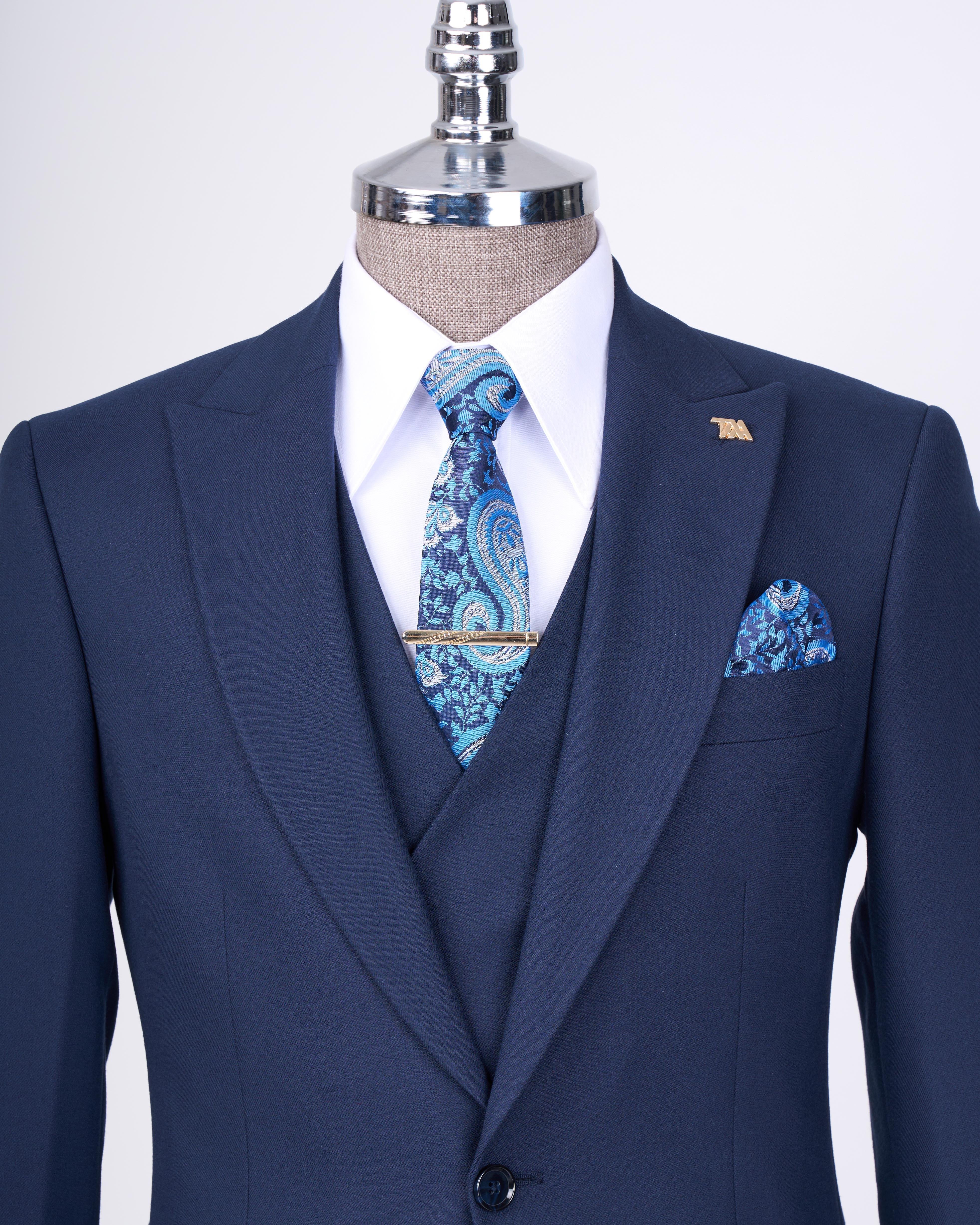 Italian style slim fit men's jacket vest pants suit navy blue T13466