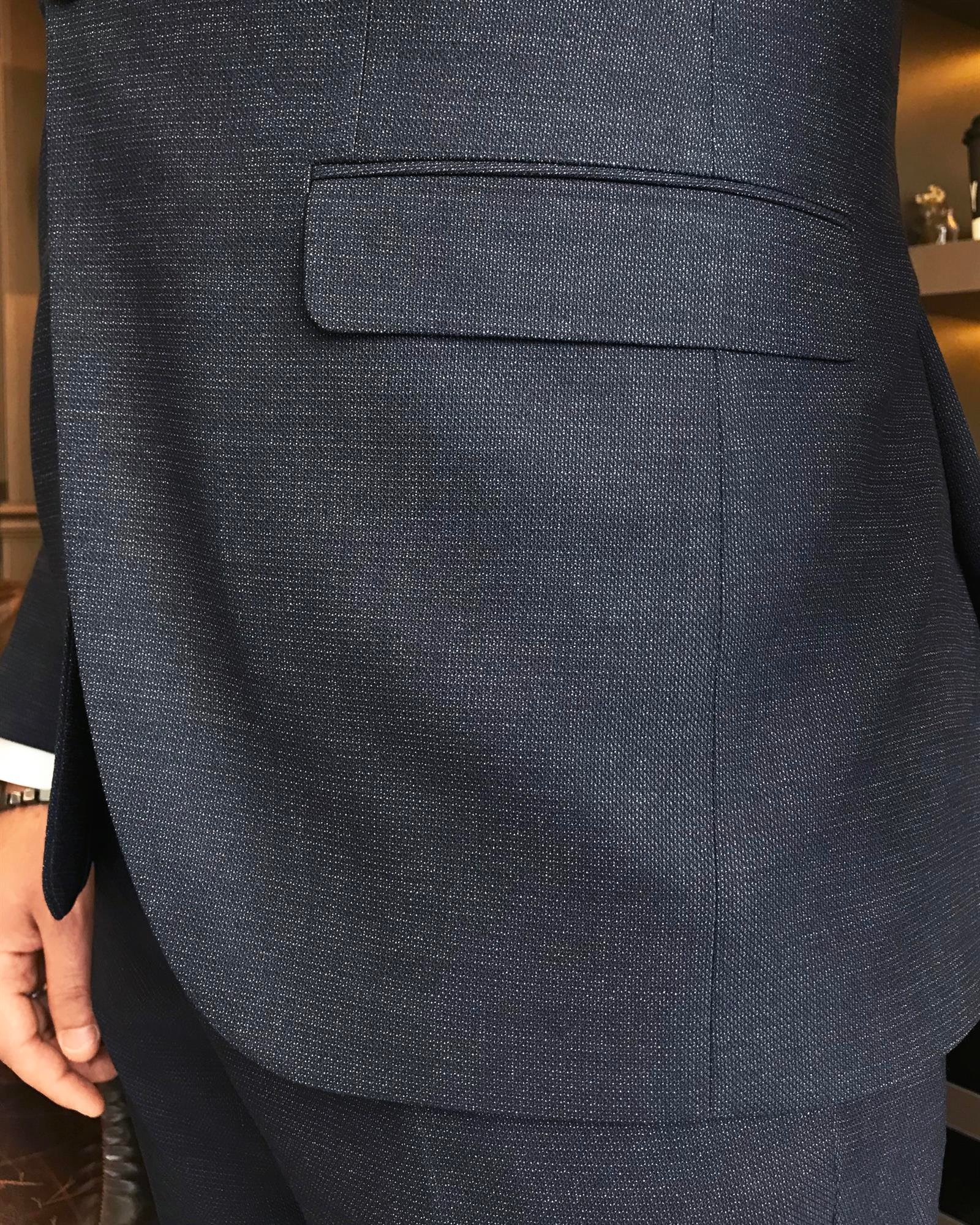 İtalyan stil slim fit erkek ceket yelek pantolon takım elbise lacivert T9525