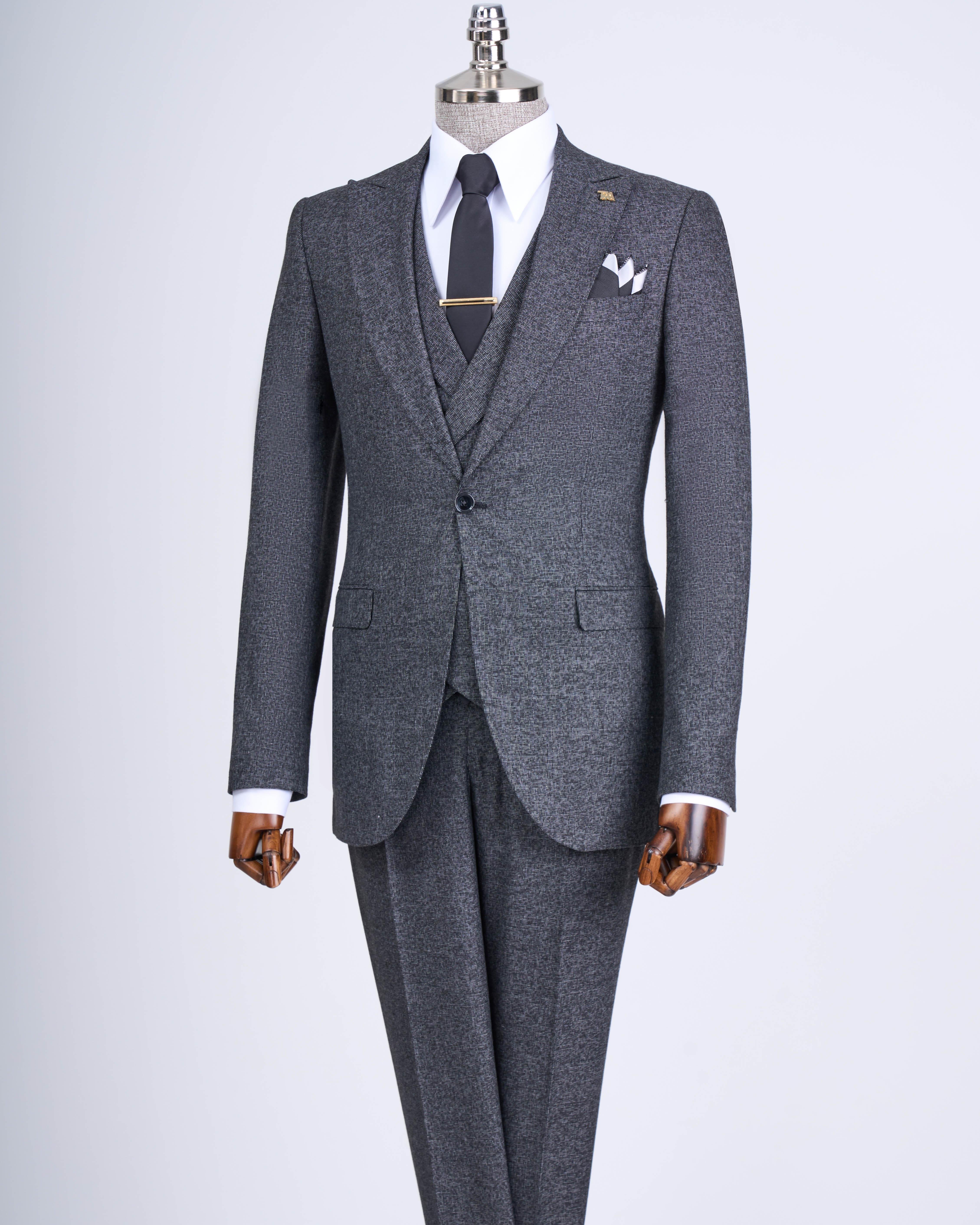Italian style slim fit men's jacket vest pants suit black T9122