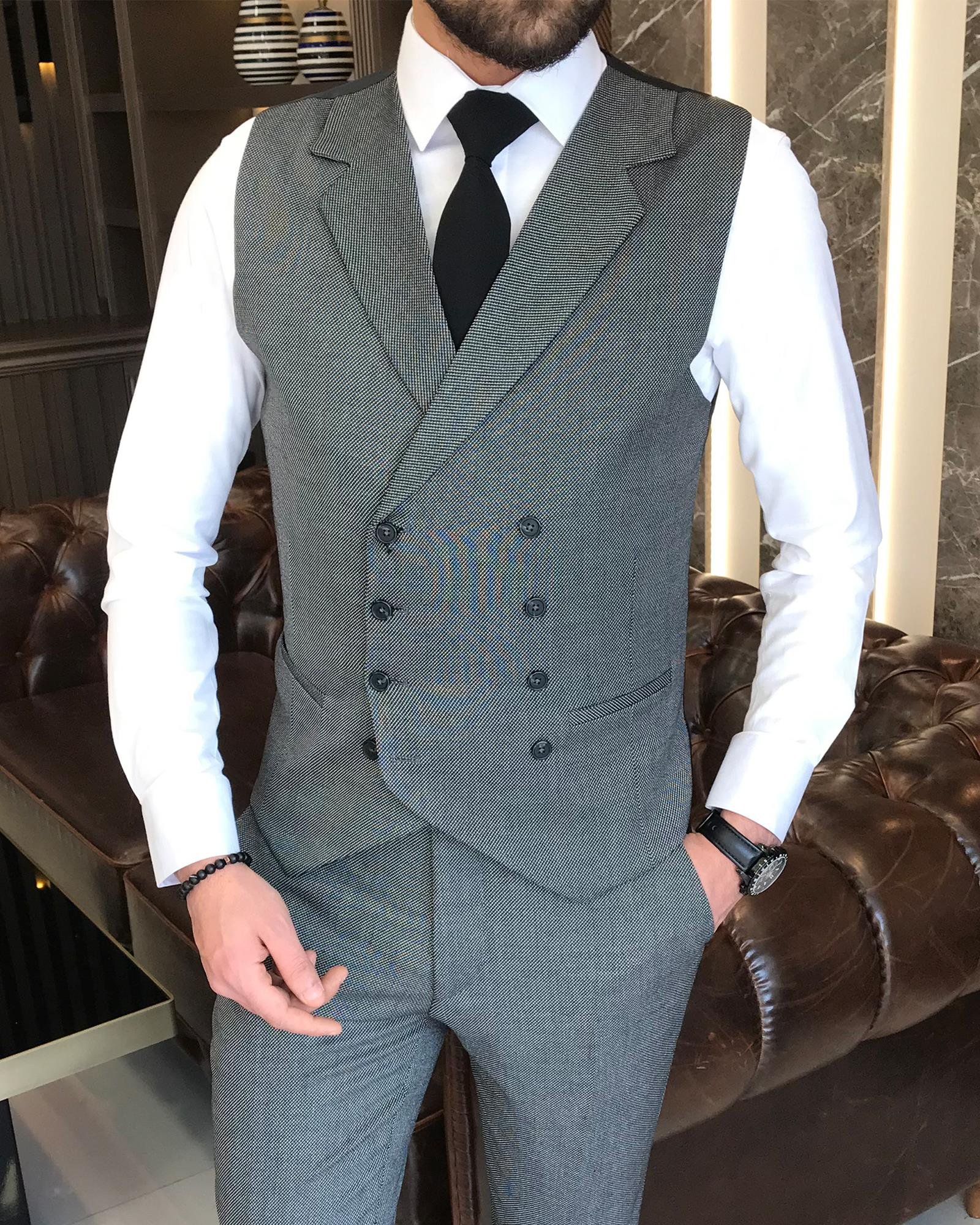 Italian style slim fit men's jacket vest pant suit black T9123
