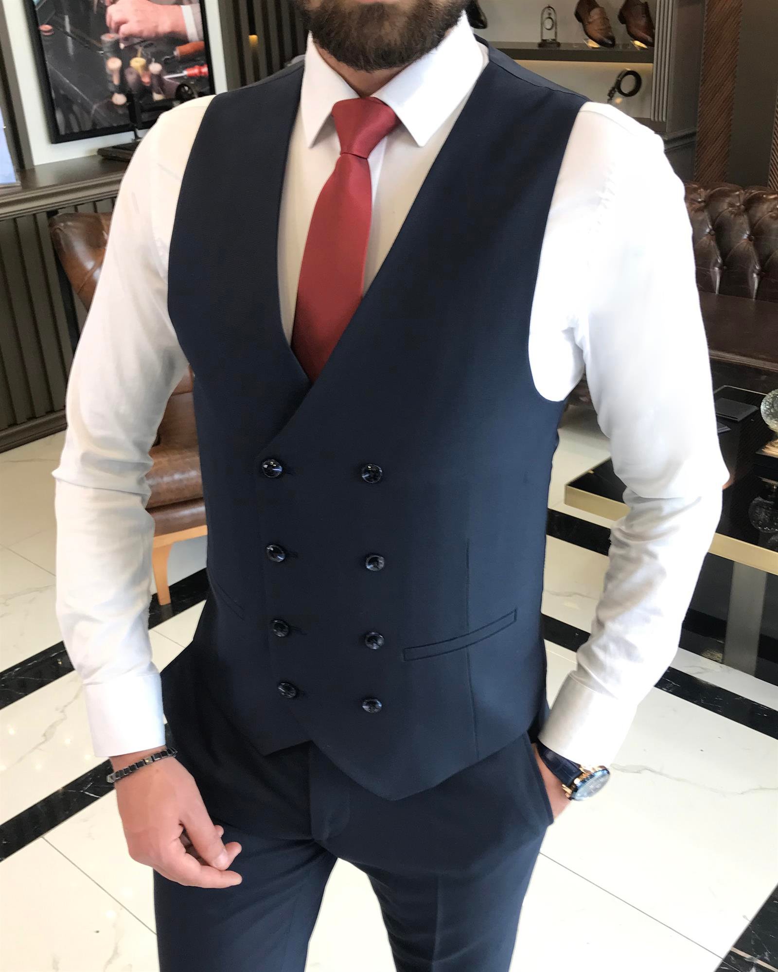 Italian style slim fit men's jacket vest pant suit navy blue T9526
