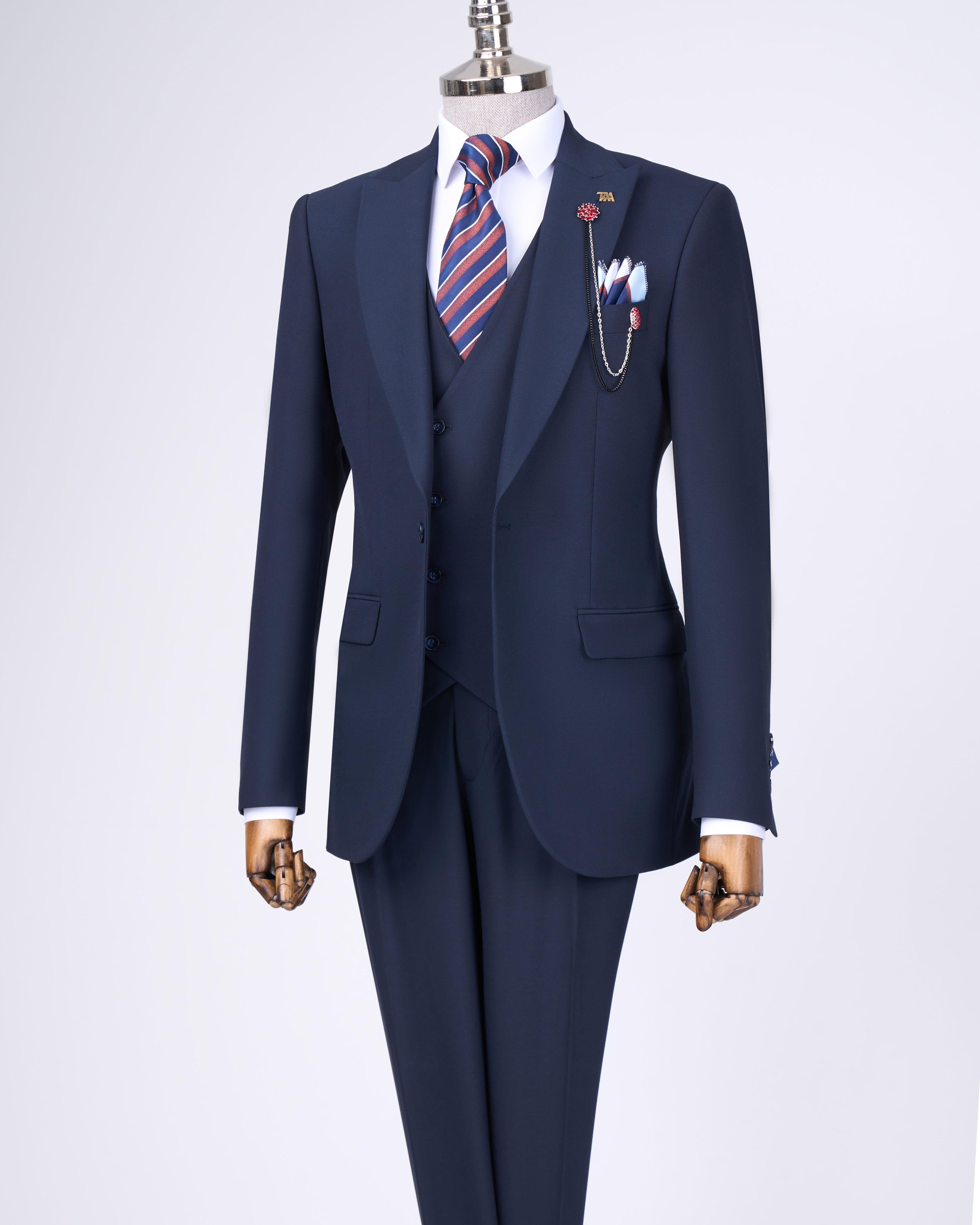 Italian style slim fit men's jacket vest pants suit navy blue T12994