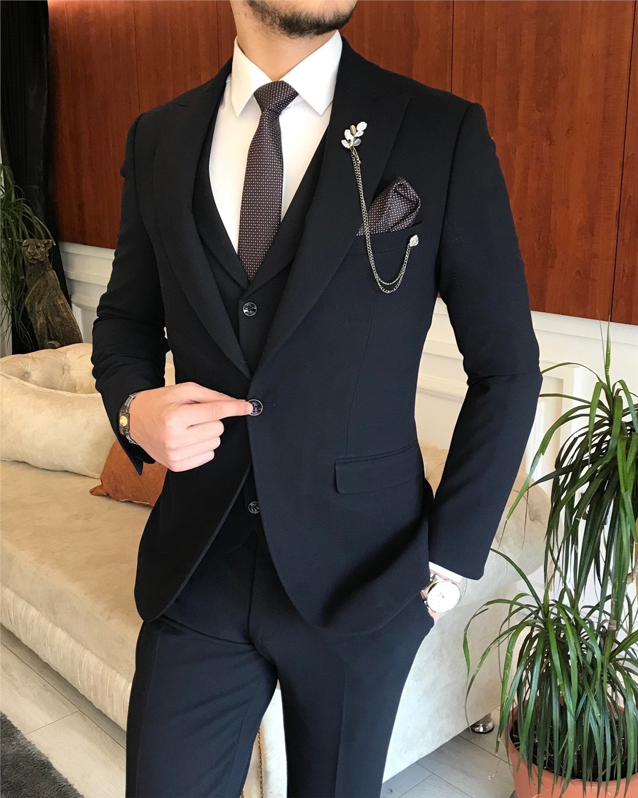 İtalyan stil slim fit erkek ceket yelek pantolon takım elbise lacivert T6646