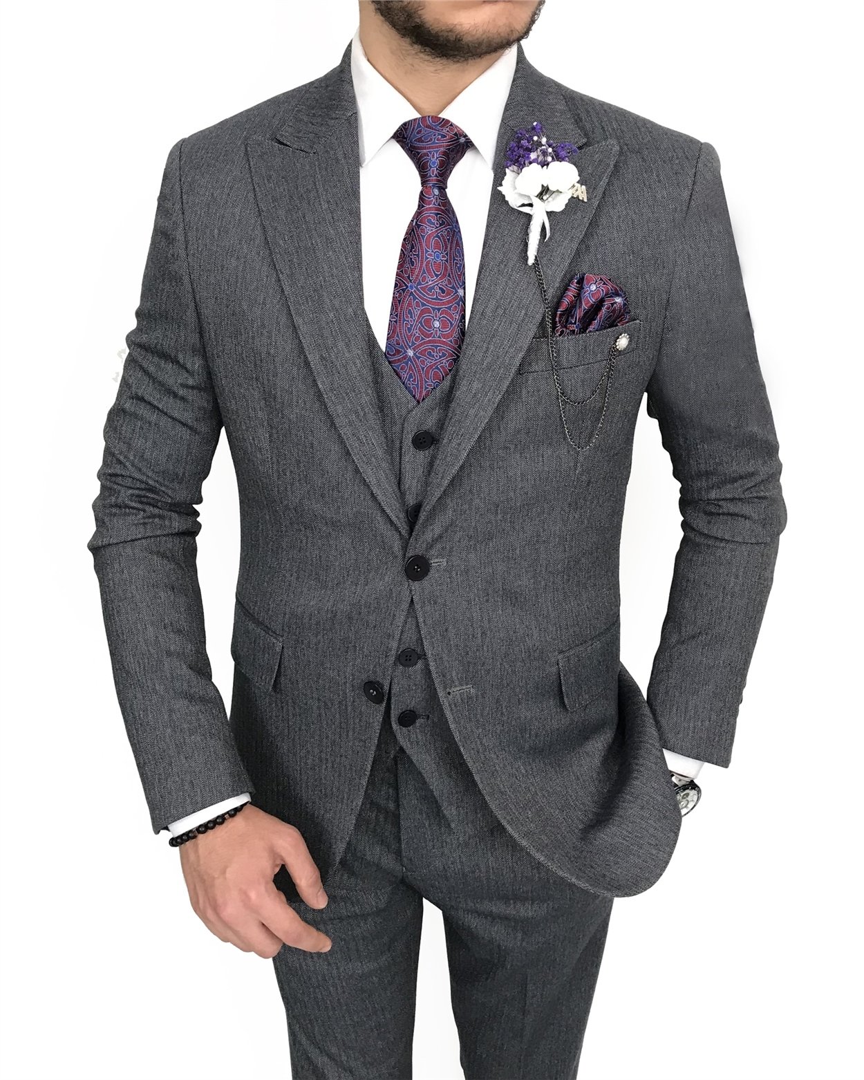İtalyan stil slim fit erkek ceket yelek pantolon takım elbise Lacivert T8079