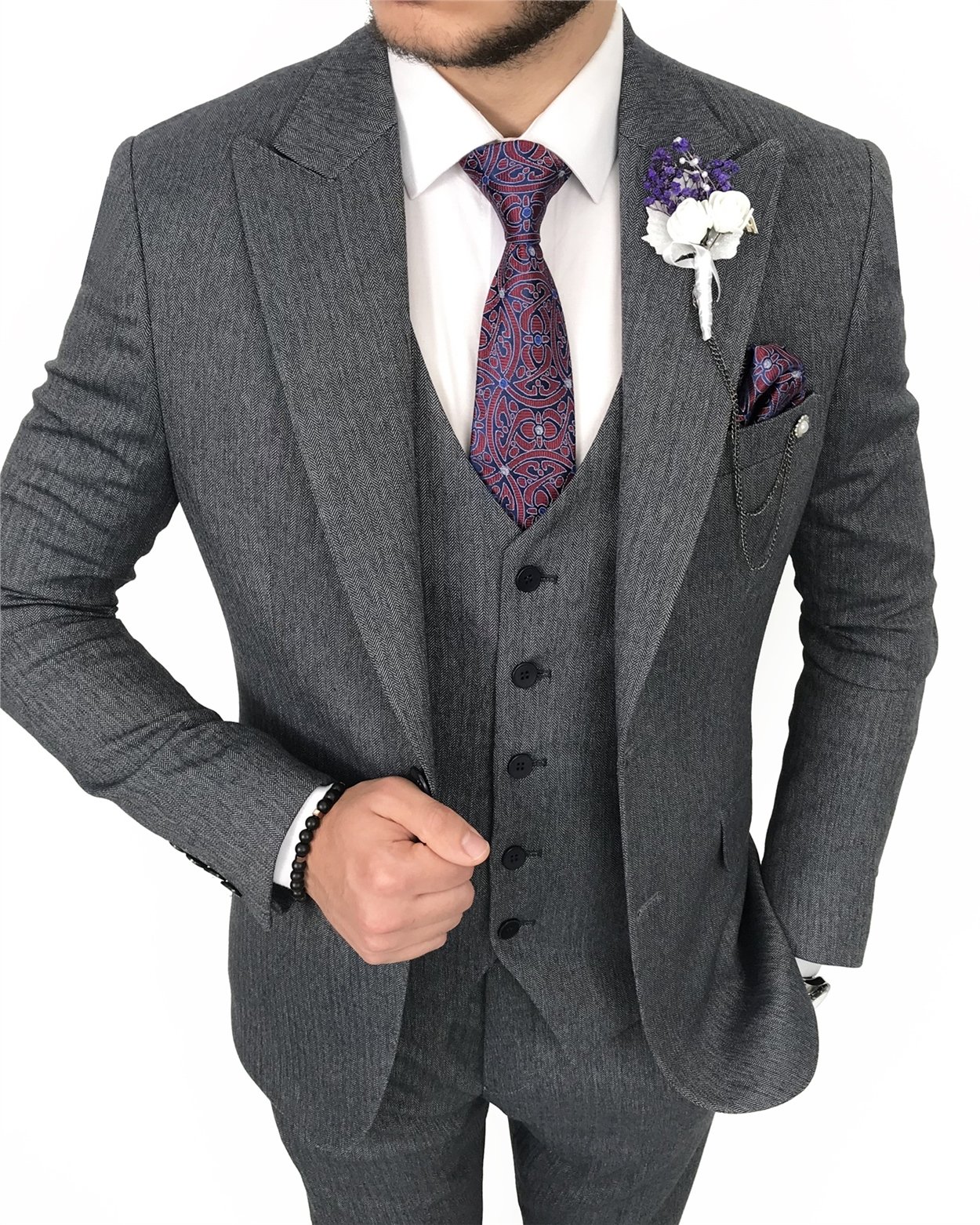 İtalyan stil slim fit erkek ceket yelek pantolon takım elbise Lacivert T8079