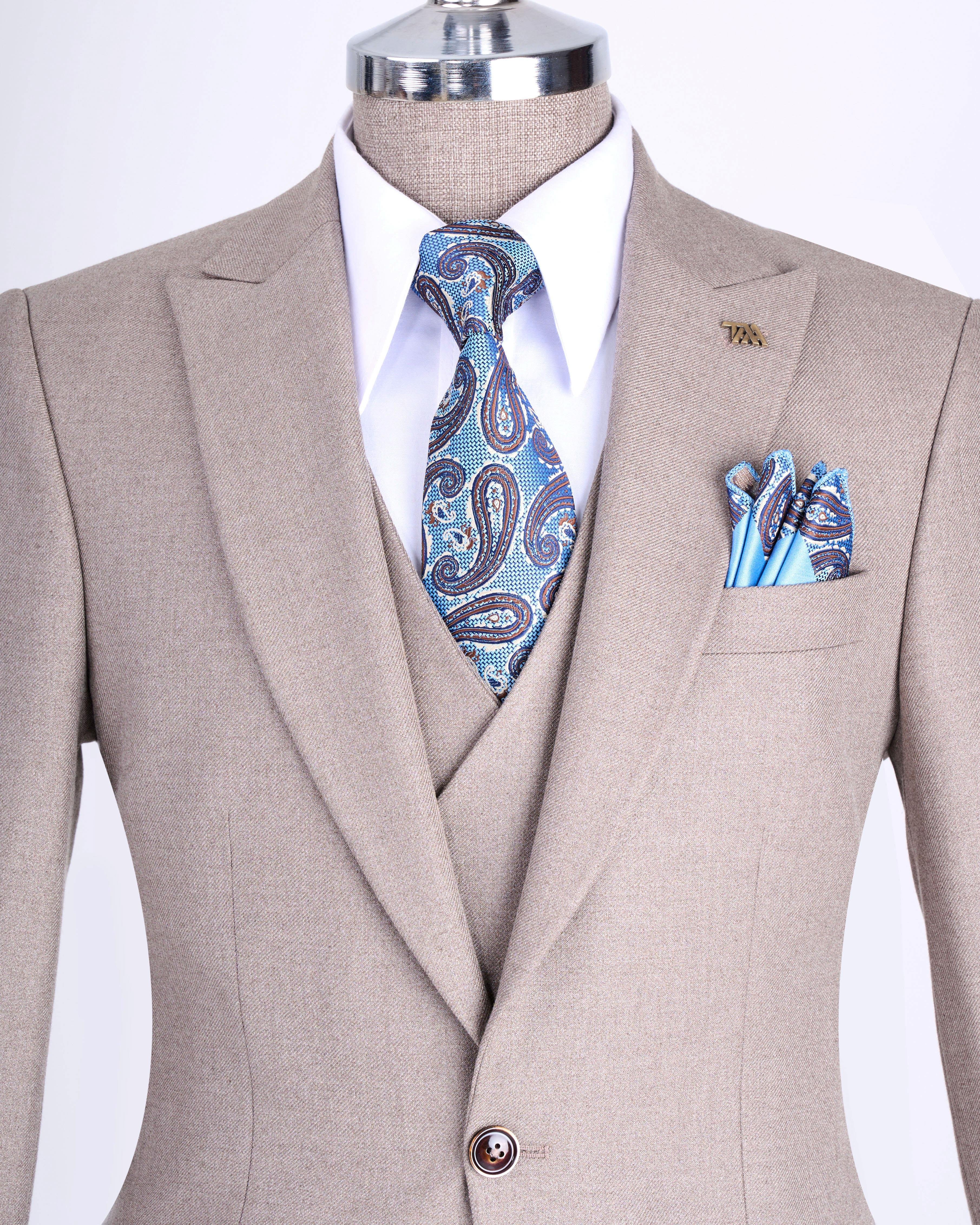 İtalyan stil slim fit erkek ceket yelek pantolon takım elbise vizon T13461