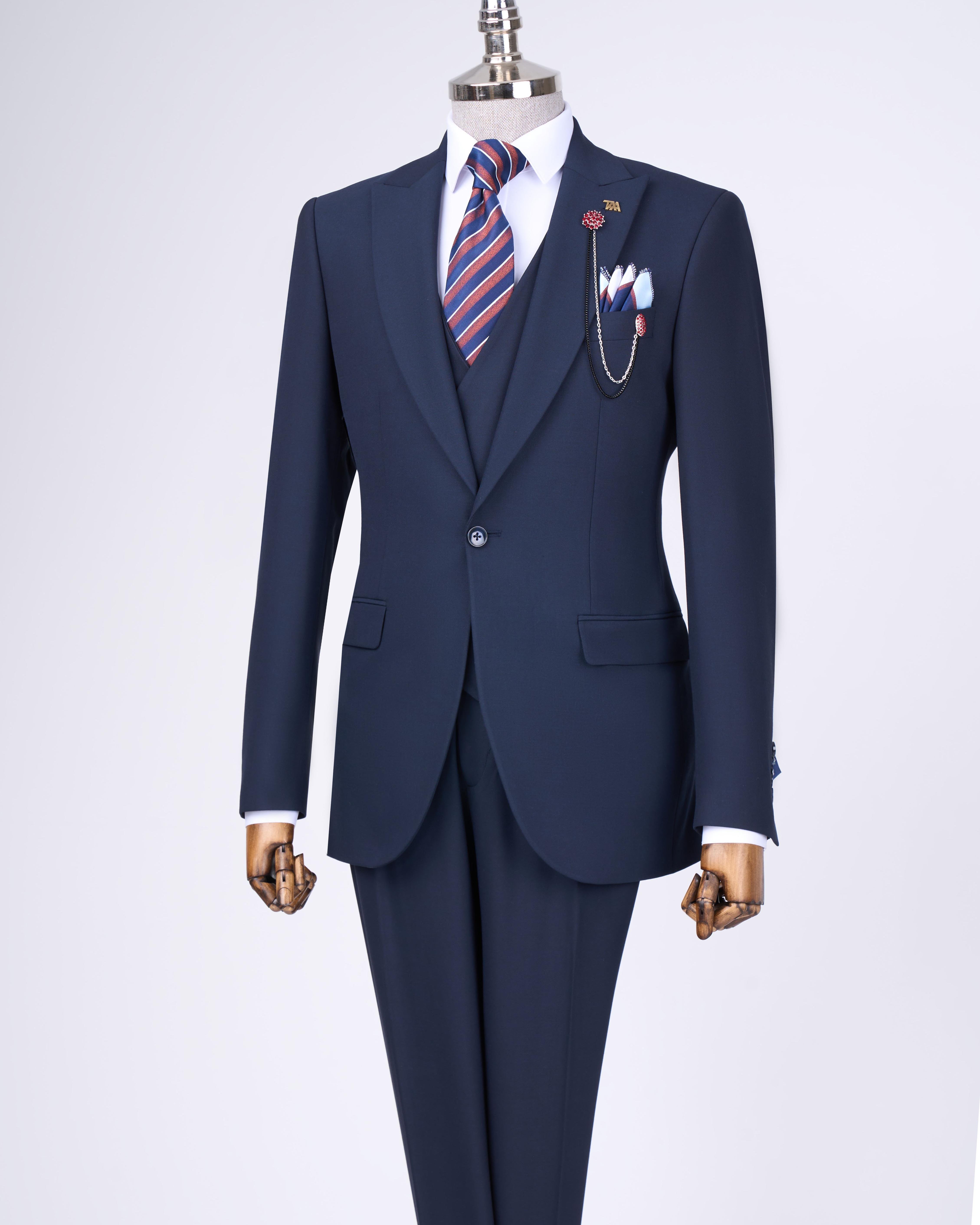 Italian style slim fit men's jacket vest pants suit navy blue T12994