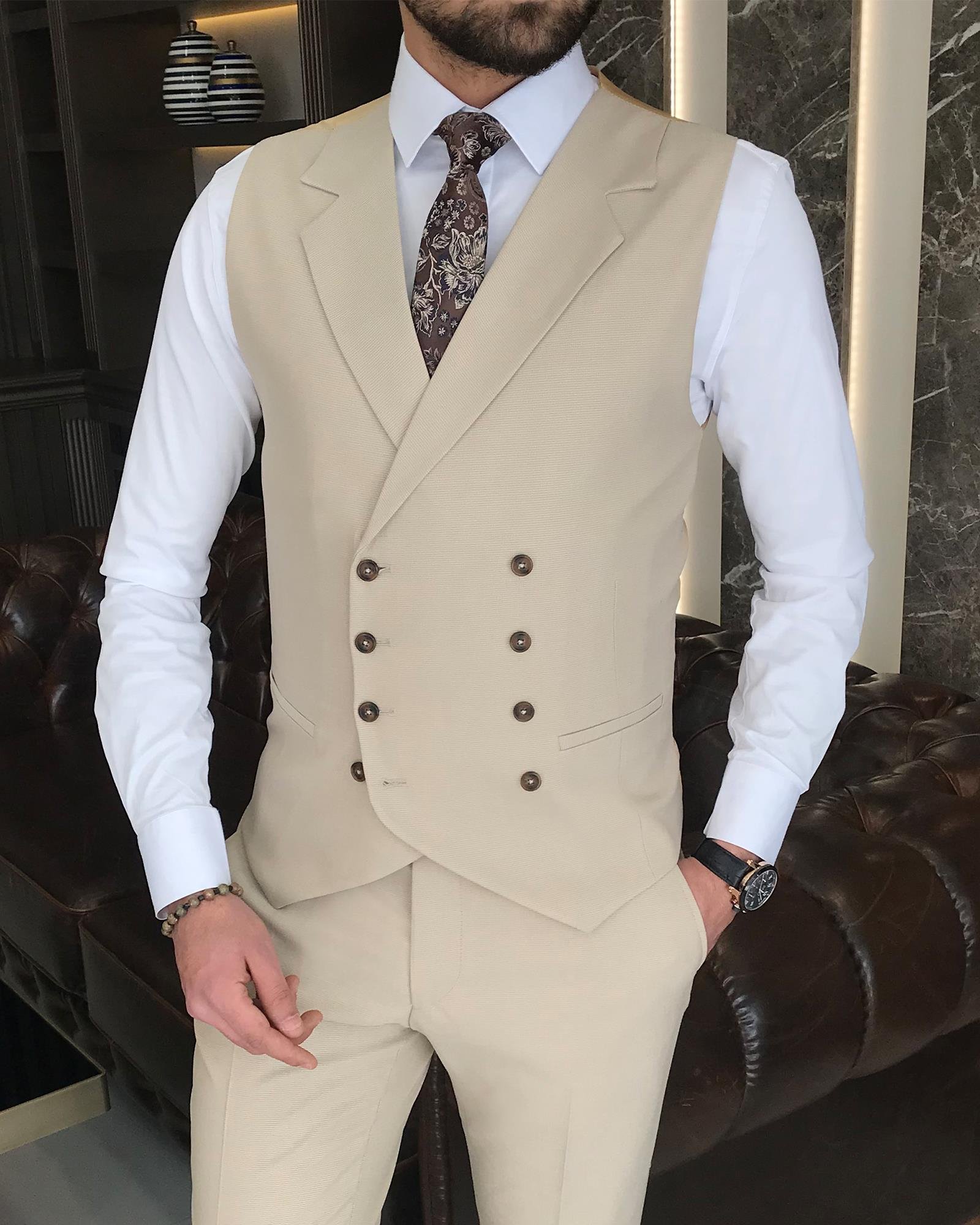 Italian style slim fit men's jacket vest pant suit beige T9114