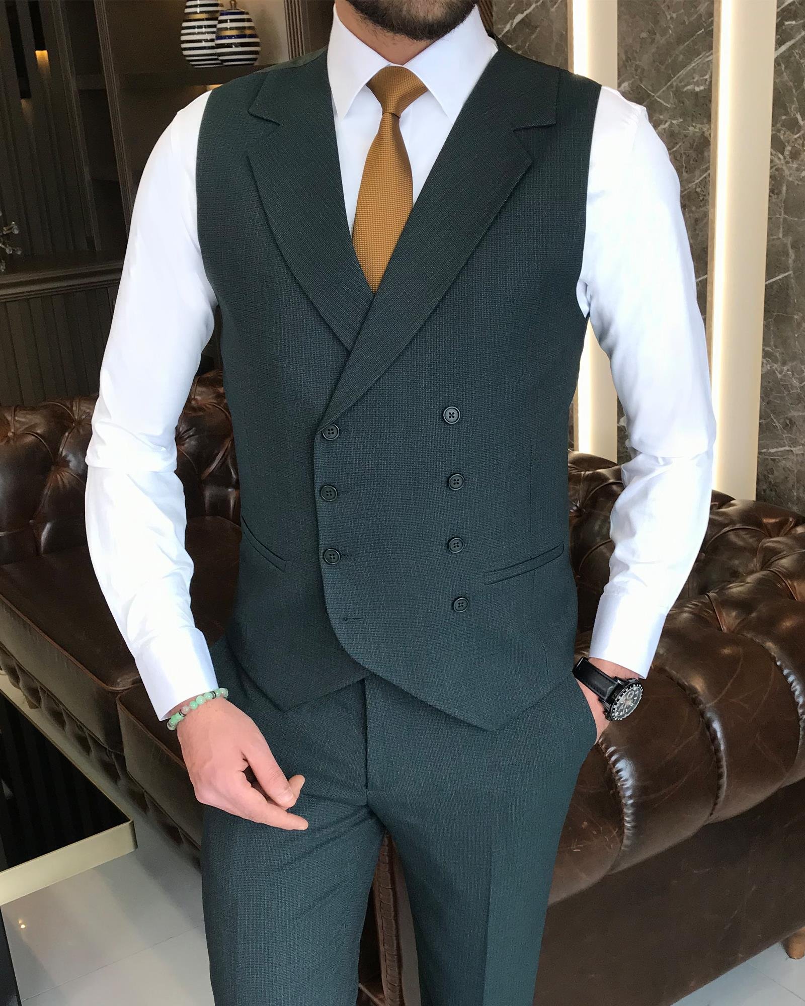 Italian style slim fit men's jacket vest pant suit green T9132