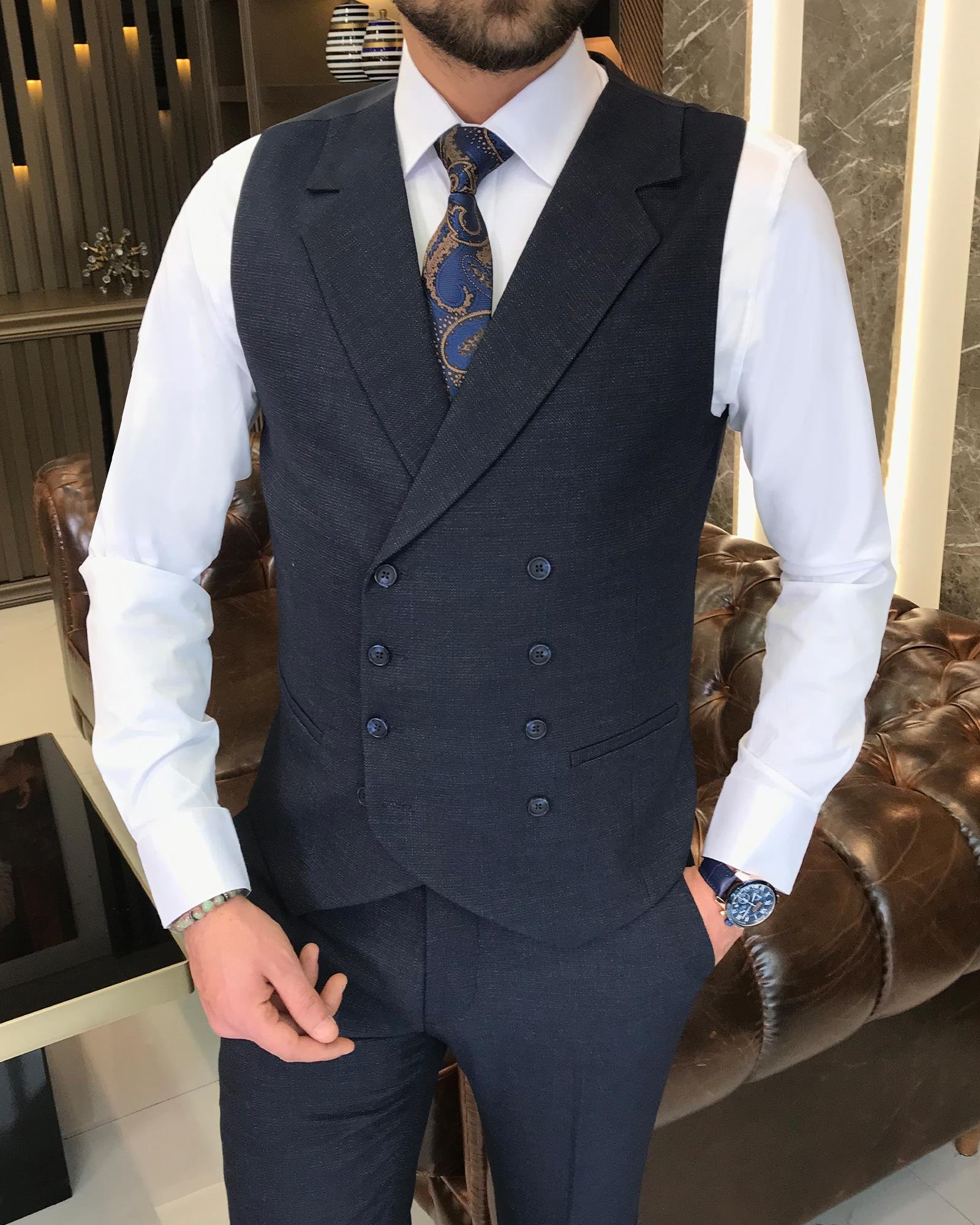 İtalyan stil slim fit erkek ceket yelek pantolon takım elbise lacivert T9118