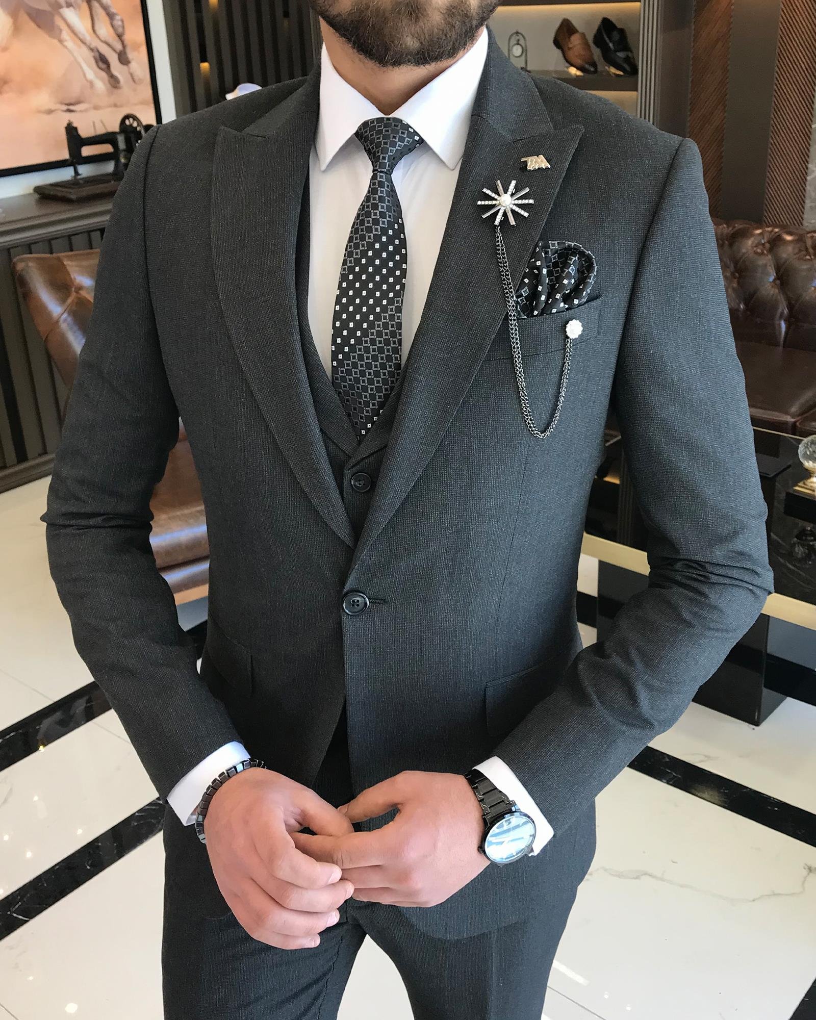 Italian Style Slim Fit Men's Jacket Vest Trousers Suit Anthracit T9038