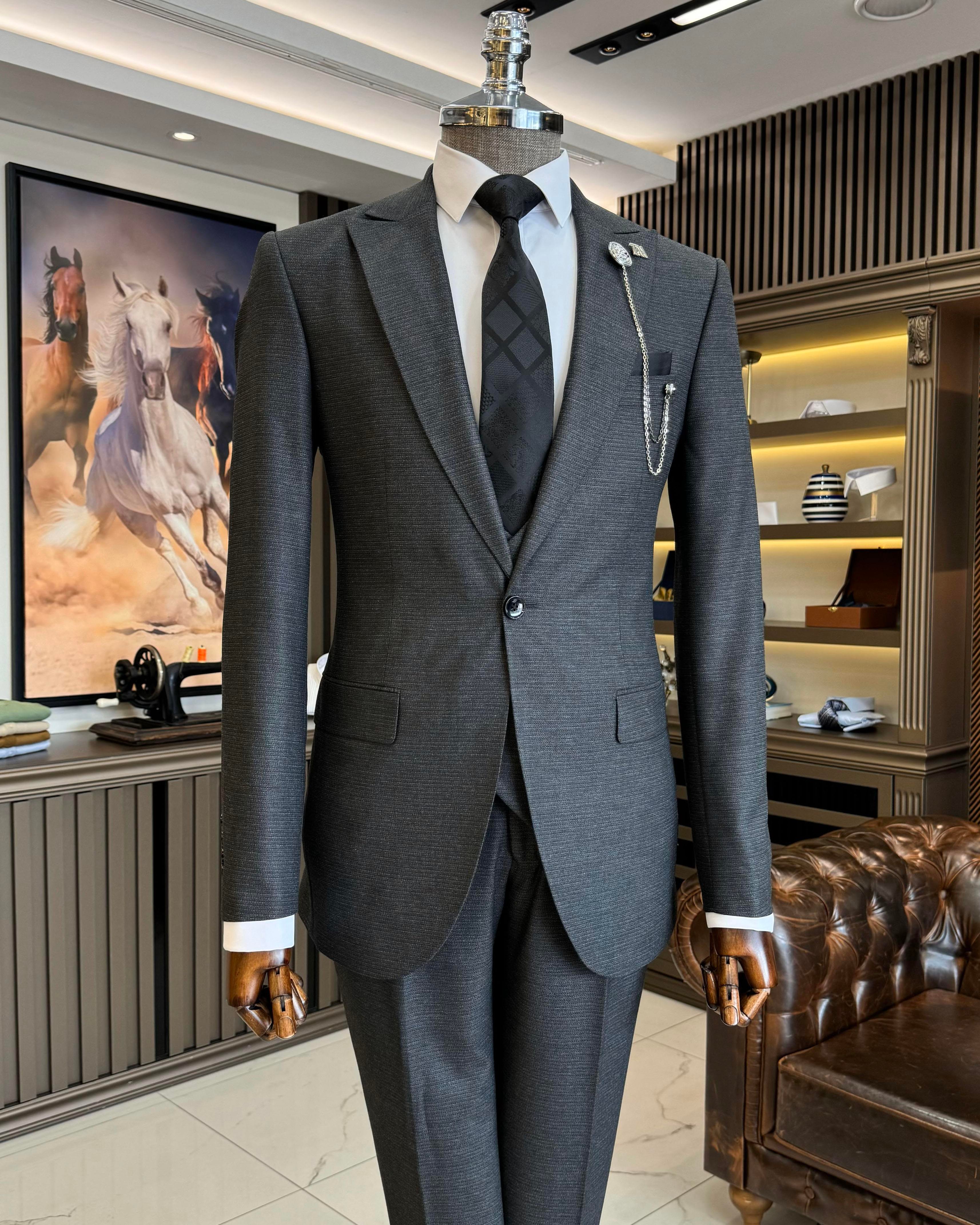 İtalyan stil slim fit erkek ceket yelek pantolon takım elbise siyah T11028