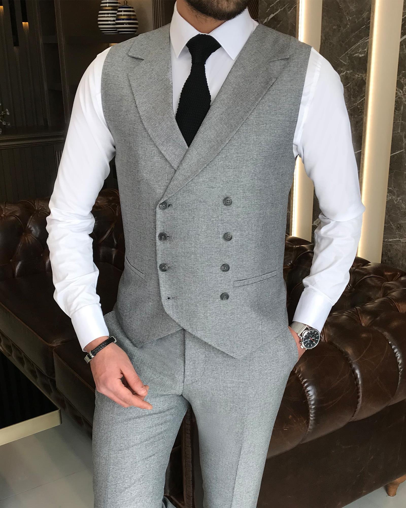 Italian style slim fit men's jacket vest pant suit black T9127