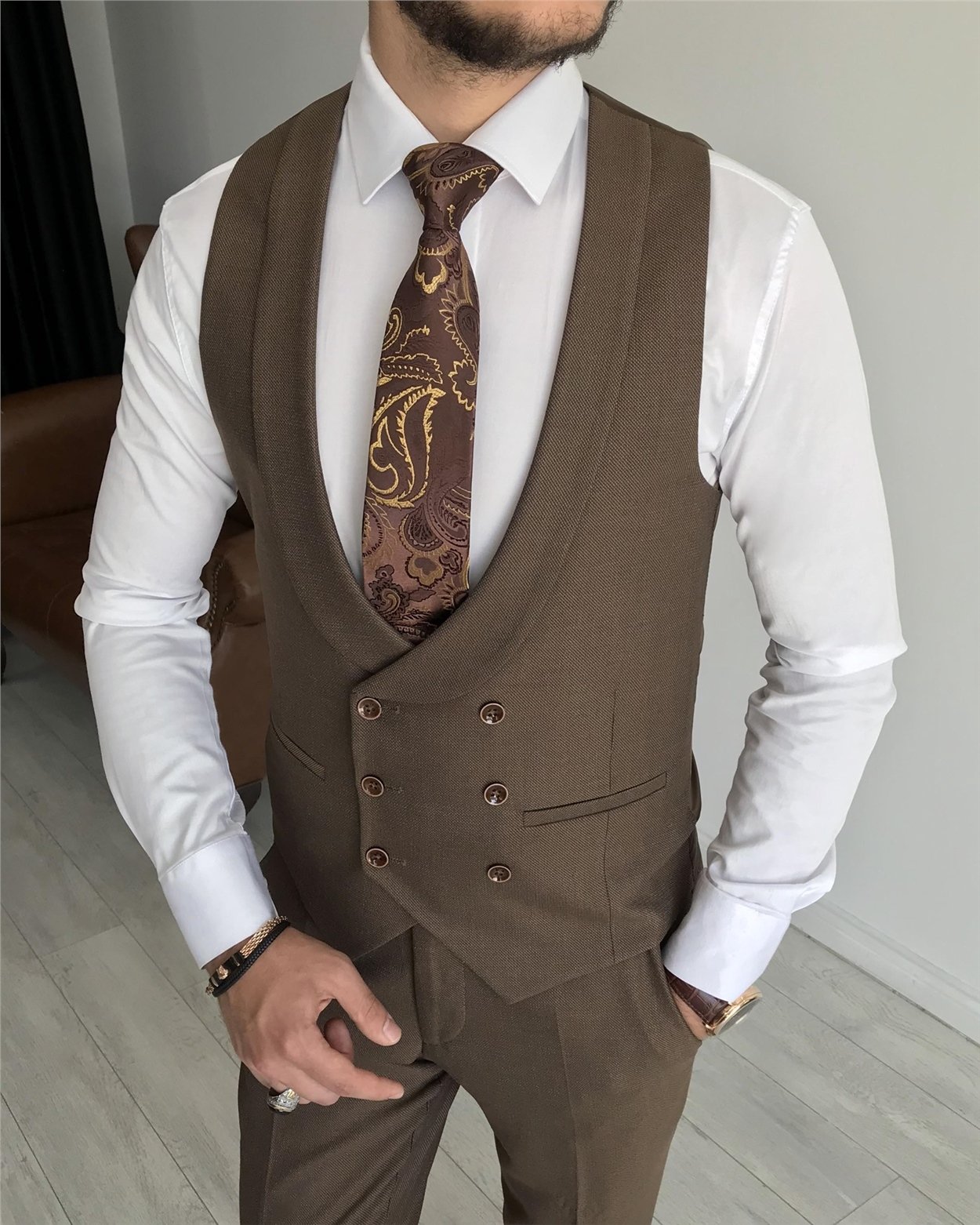İtalyan stil slim fit erkek ceket yelek pantolon takım elbise Kahverengi T7627