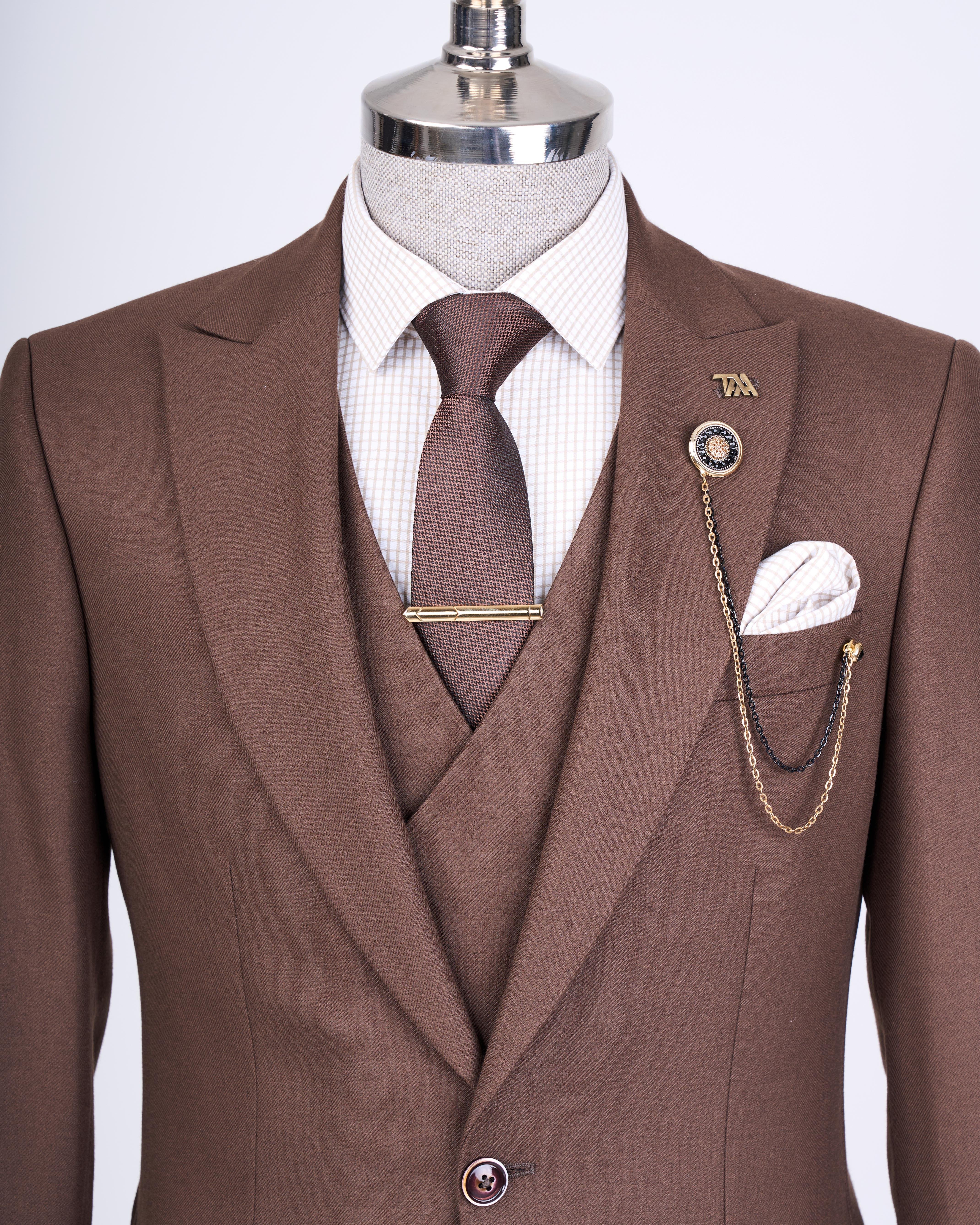 Italian style slim fit men's jacket vest pants suit brown T13463