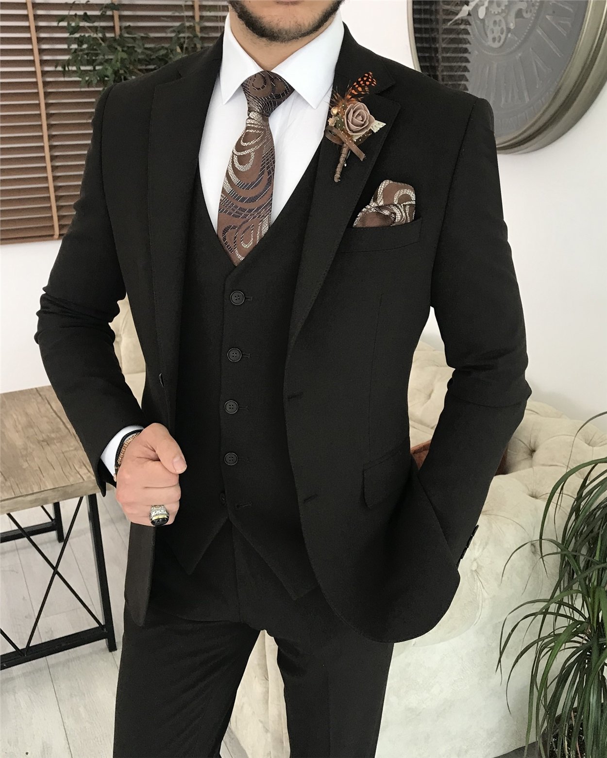 İtalyan stil slim fit erkek ceket yelek pantolon takım elbise Kahverengi T8073