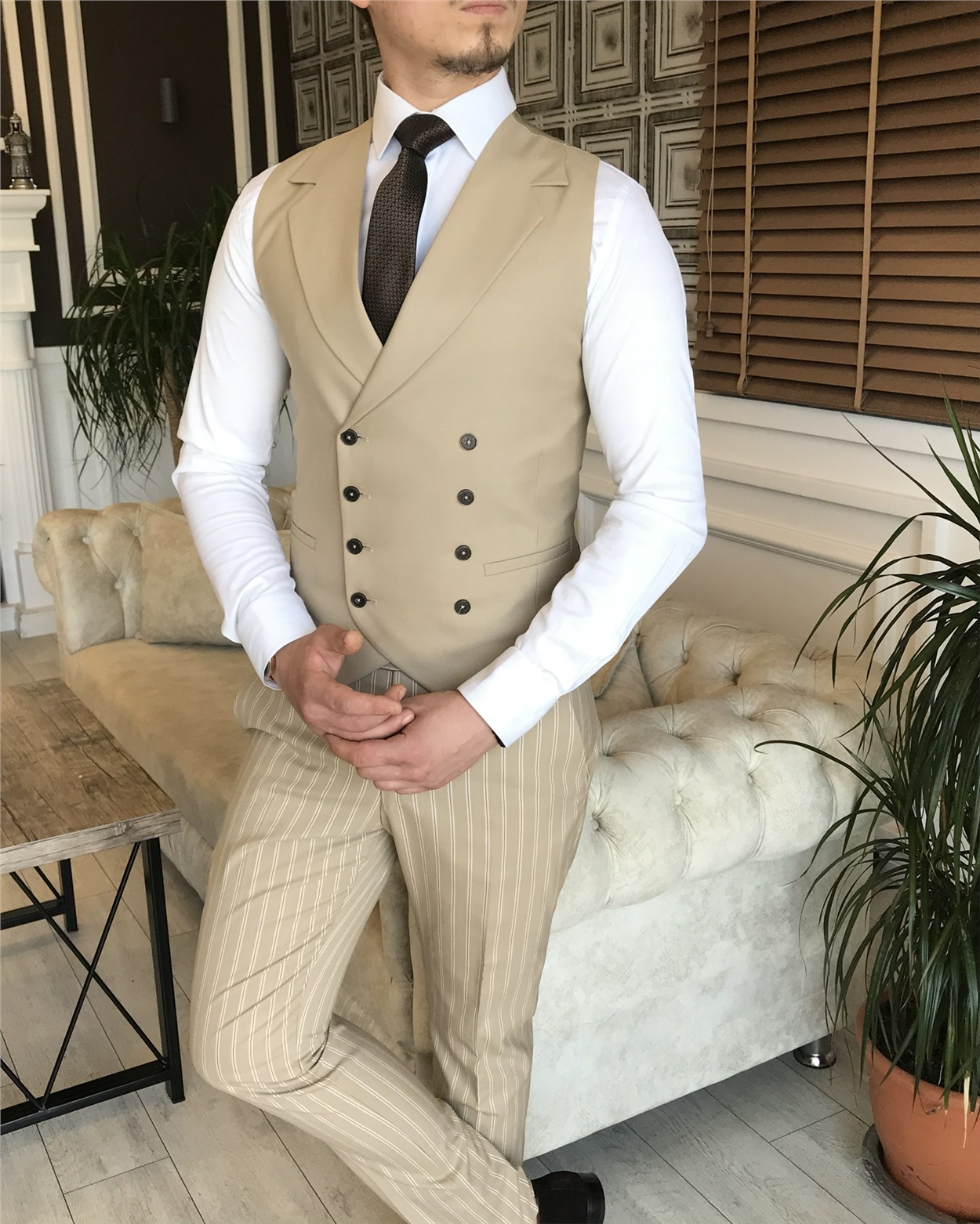İtalyan stil slim fit erkek ceket yelek pantolon takım elbise bej T5941