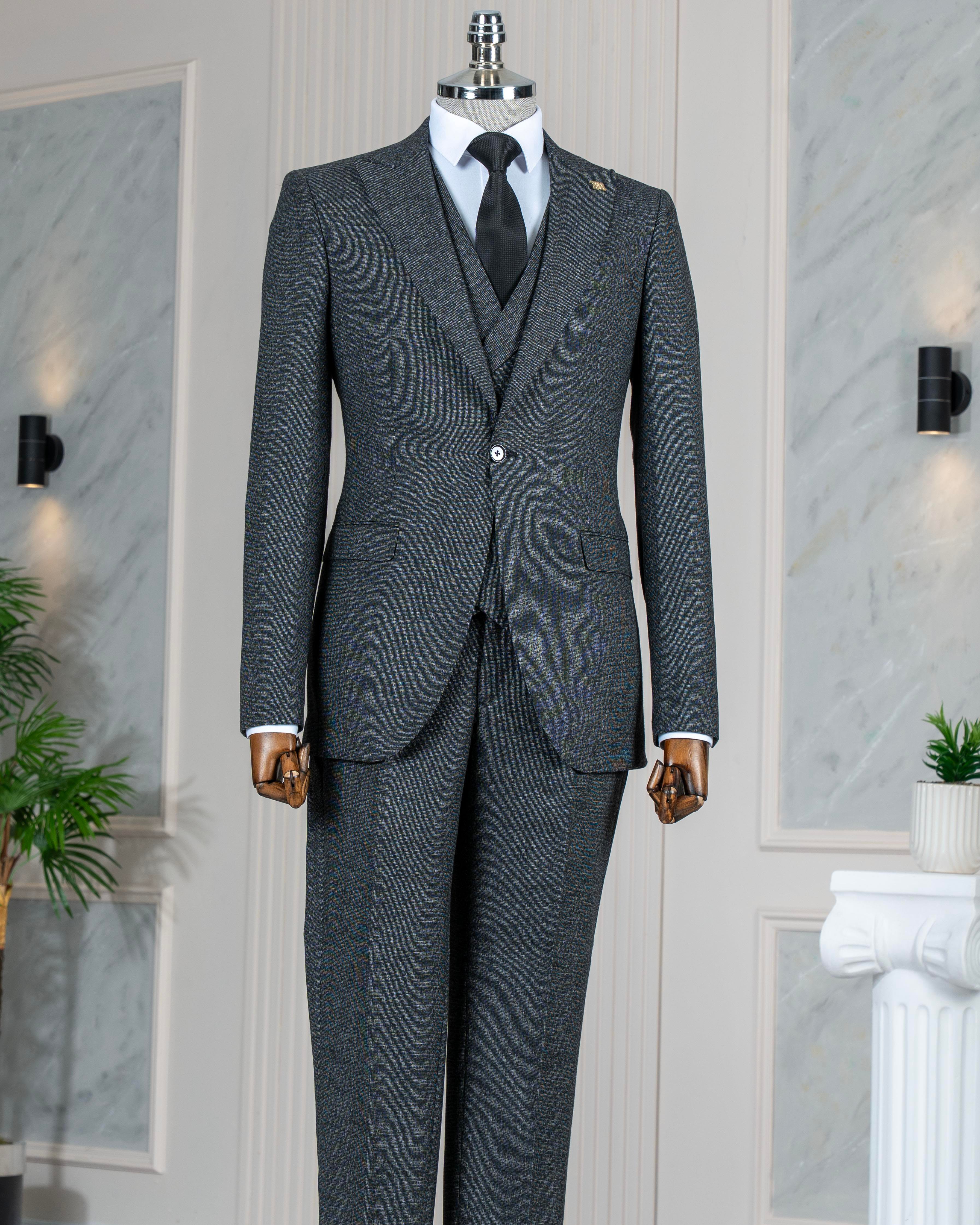 Italian style slim fit men's jacket vest pants suit black T11020