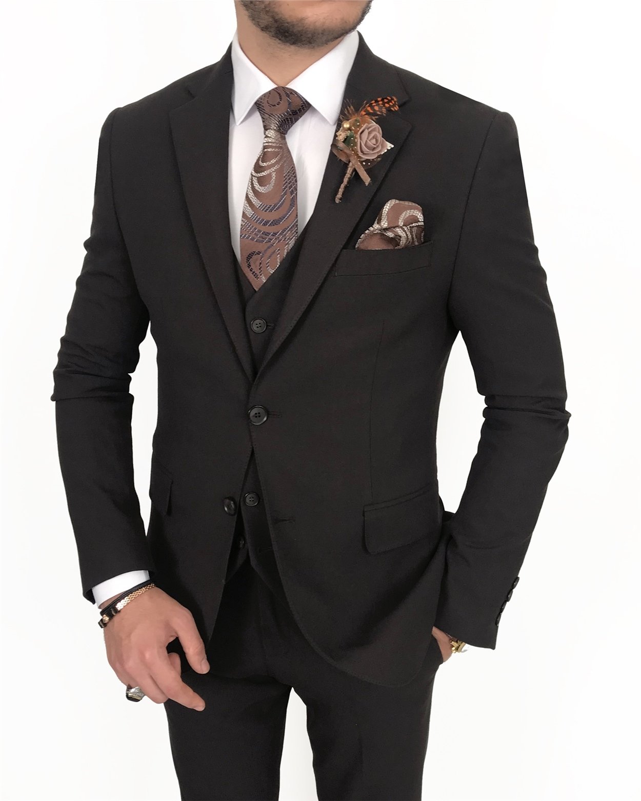 İtalyan stil slim fit erkek ceket yelek pantolon takım elbise Kahverengi T8073
