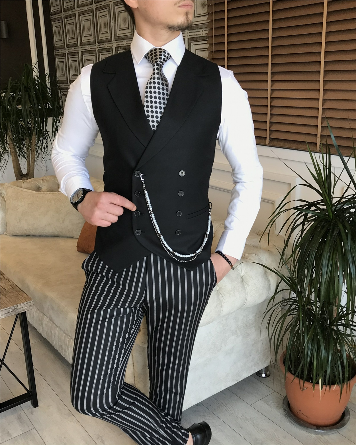 İtalyan stil slim fit erkek ceket yelek pantolon takım elbise siyah T5938