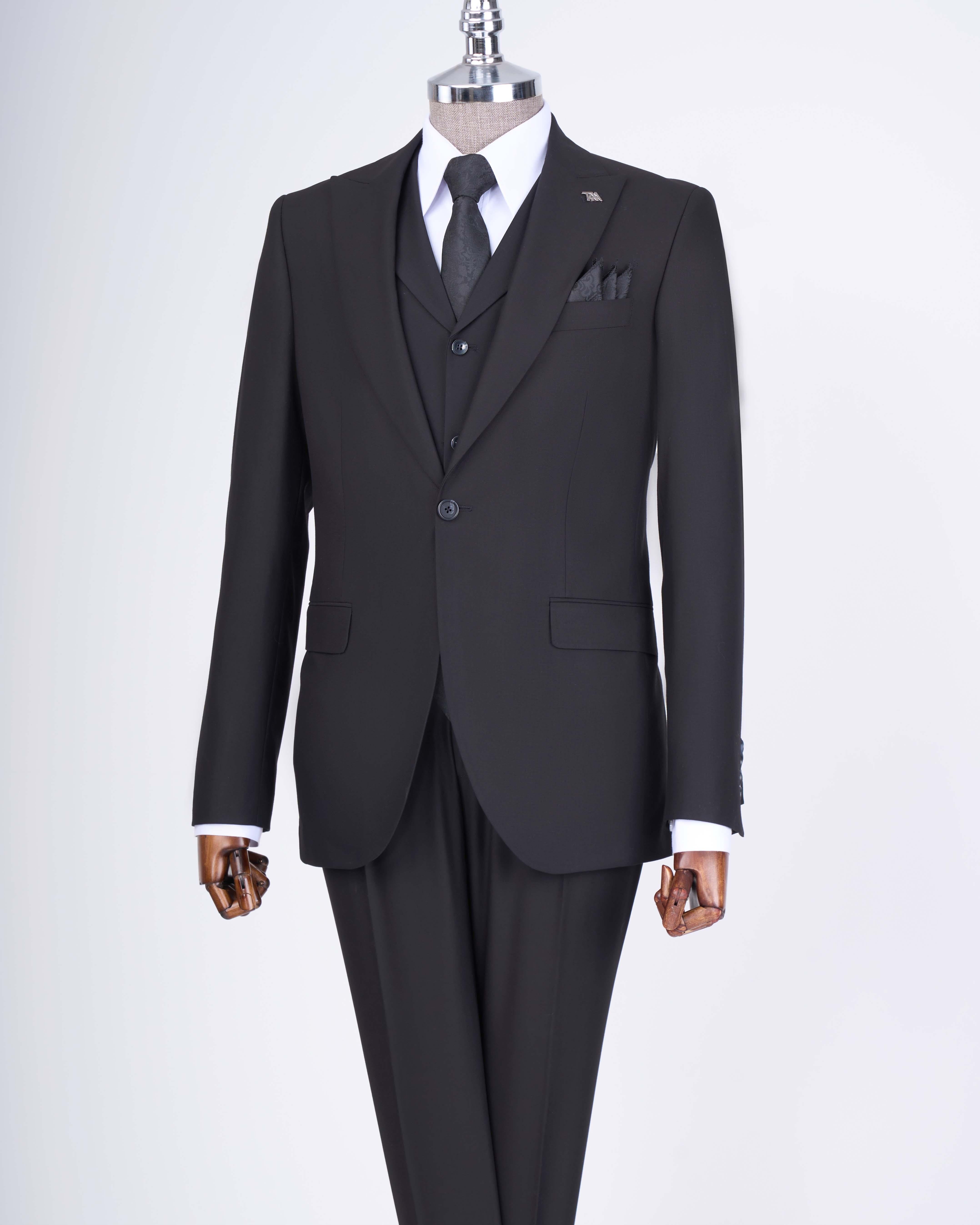 Italian style slim fit men's jacket vest pants suit black T9024