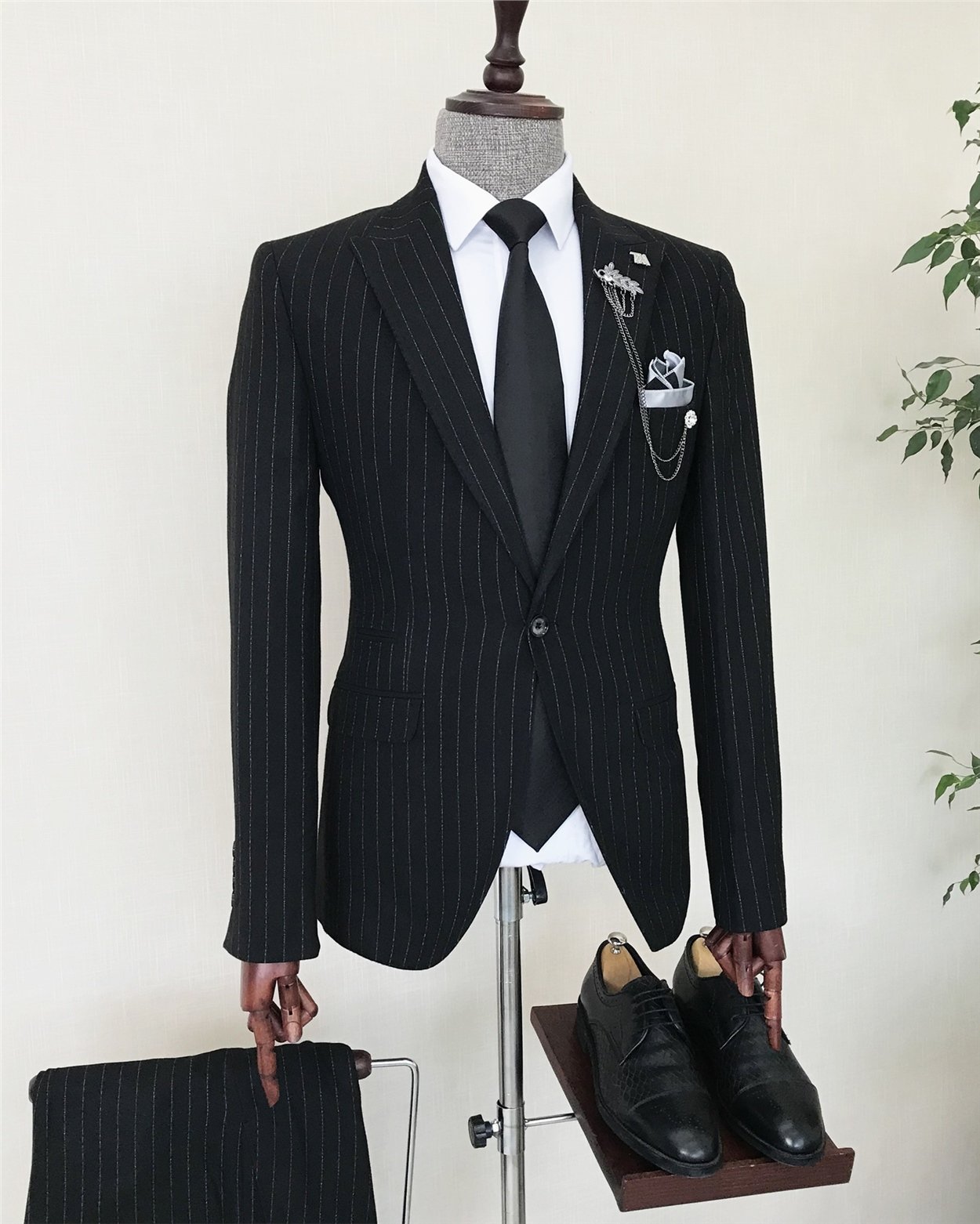 İtalyan stil slim fit erkek çizgili ceket pantolon takım elbise Siyah T8260