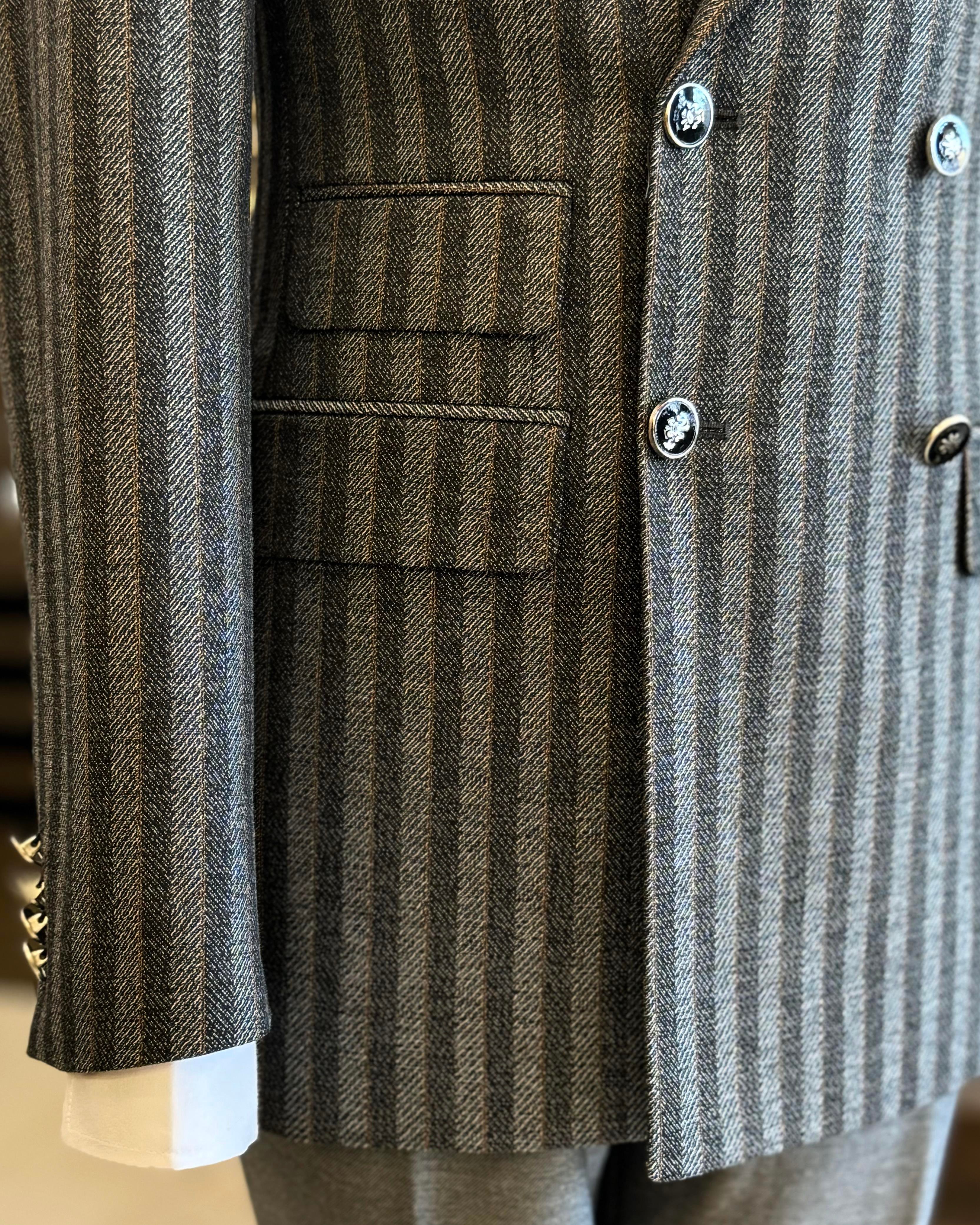 İtalyan stil slim fit erkek çizgili kruvaze ceket pantolon takım elbise siyah T12983