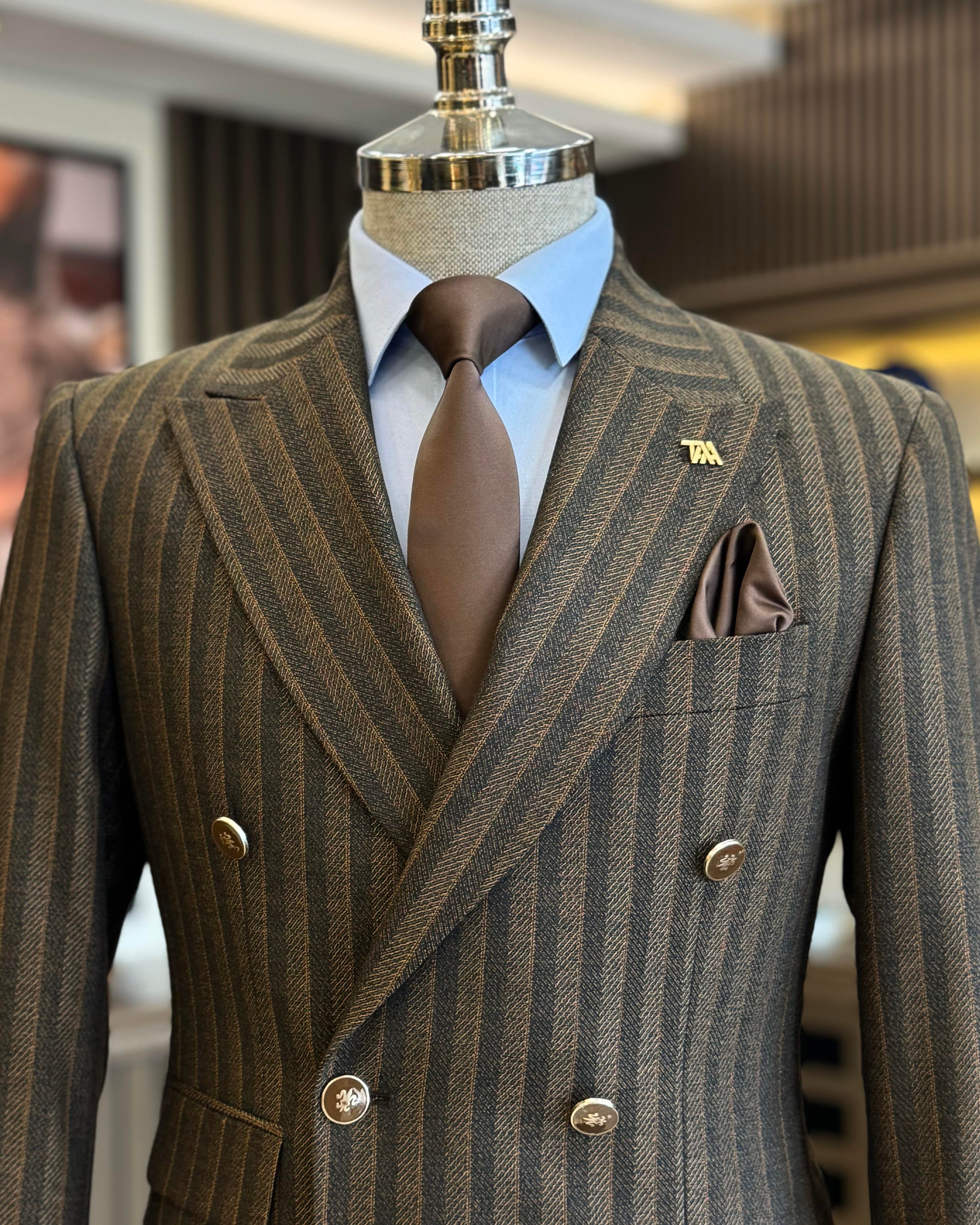 İtalyan stil slim fit erkek çizgili kruvaze ceket pantolon takım elbise kahverengi T12985