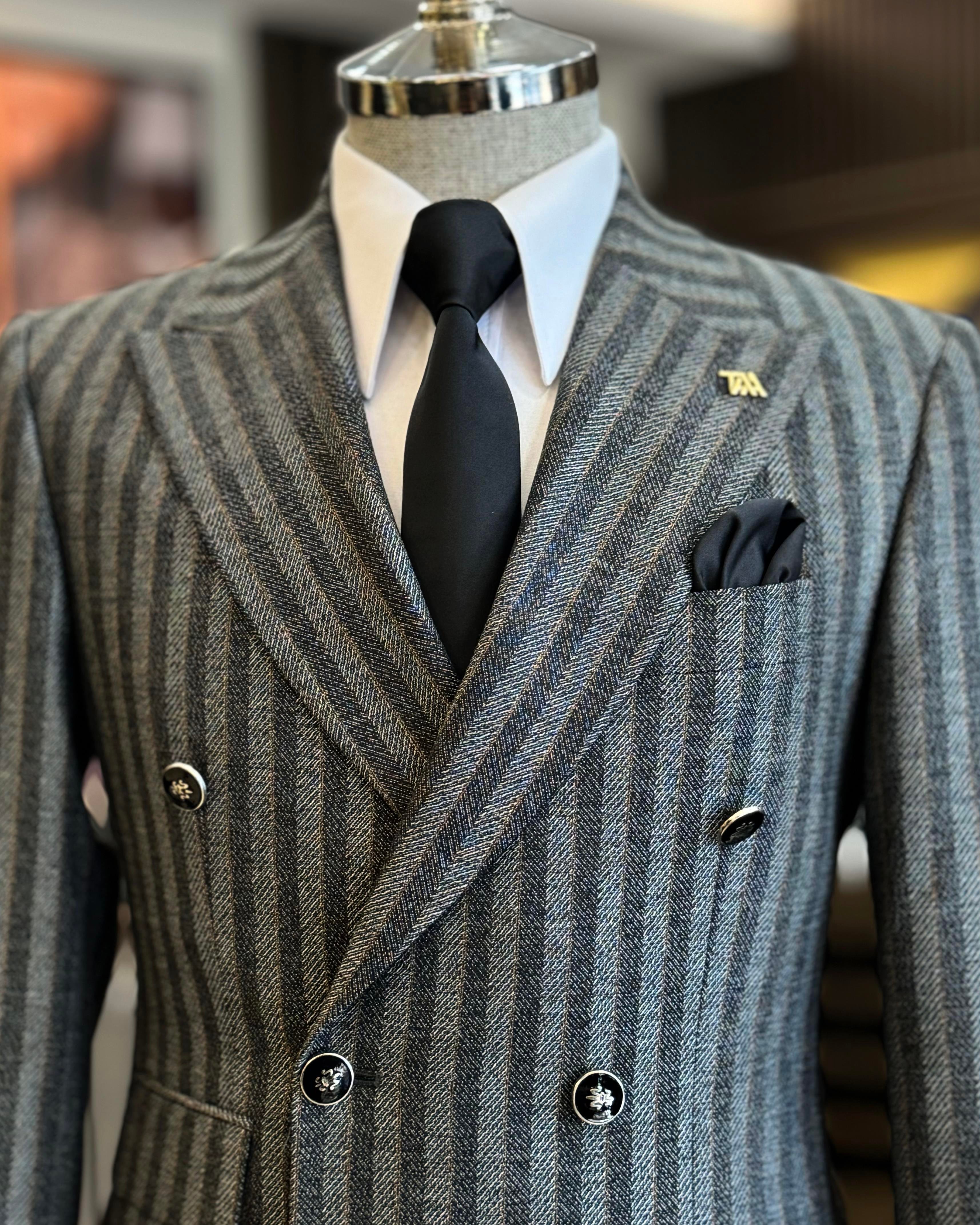 İtalyan stil slim fit erkek çizgili kruvaze ceket pantolon takım elbise siyah T12983