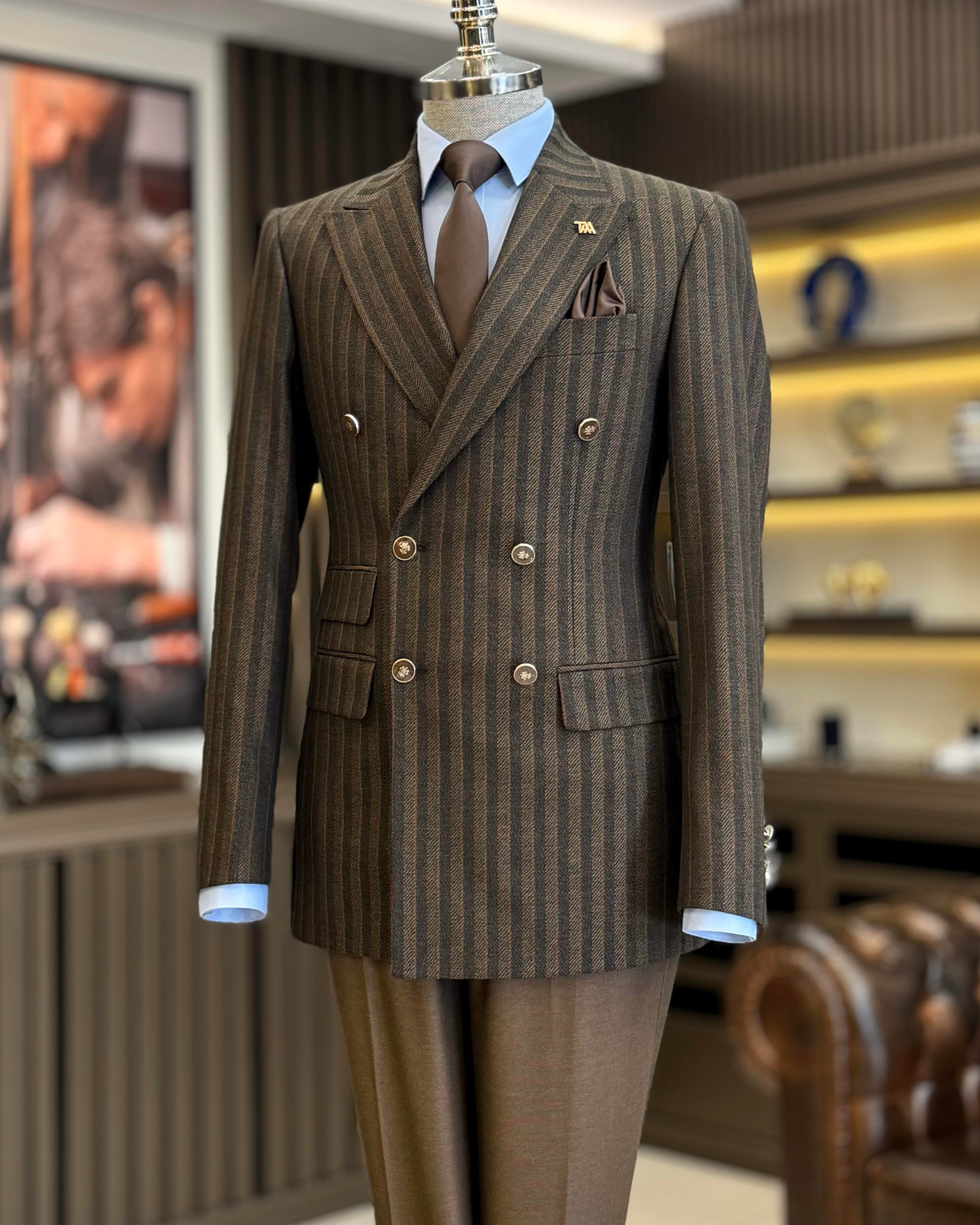 İtalyan stil slim fit erkek çizgili kruvaze ceket pantolon takım elbise kahverengi T12985