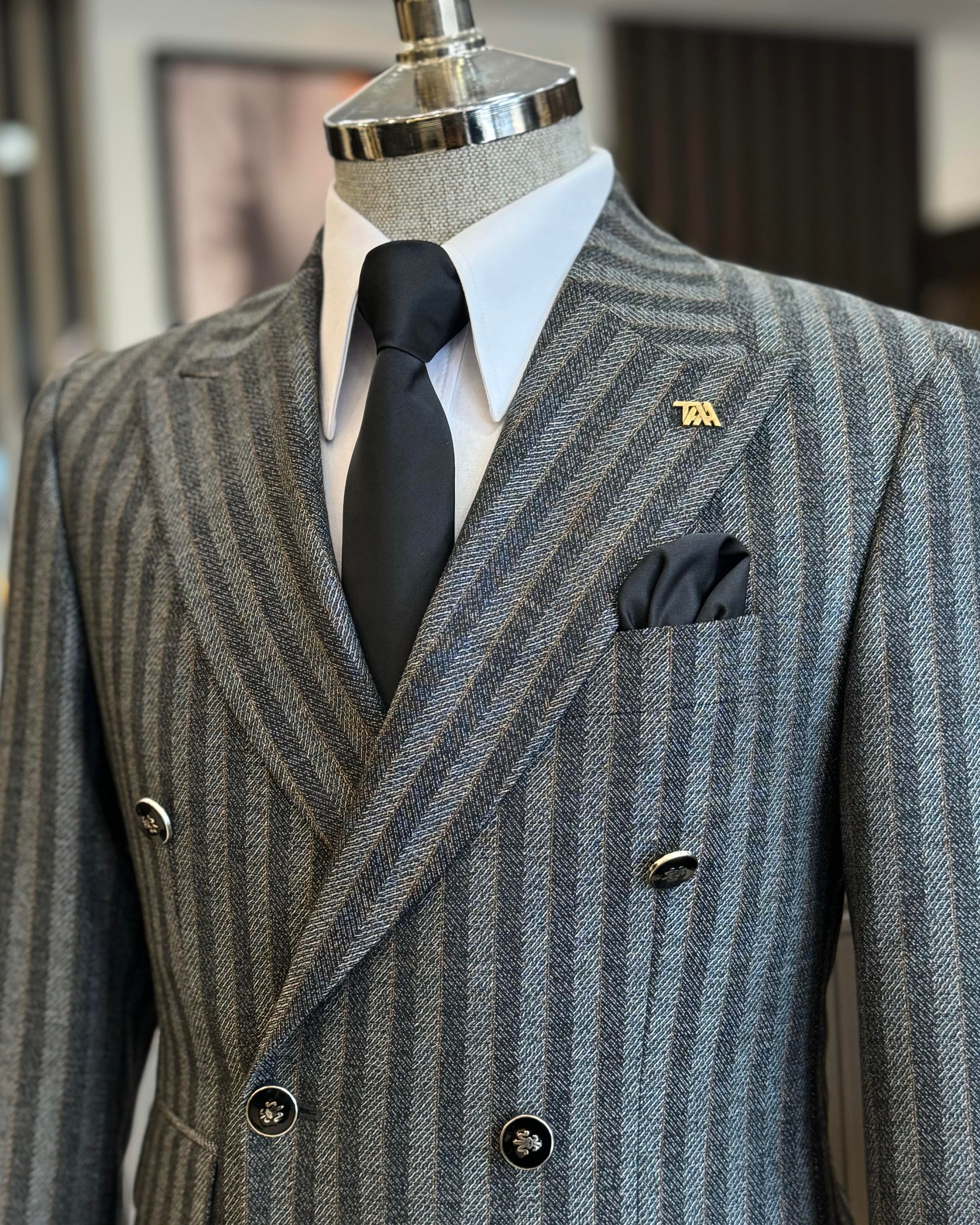 İtalyan stil slim fit erkek çizgili kruvaze ceket pantolon takım elbise siyah T12983