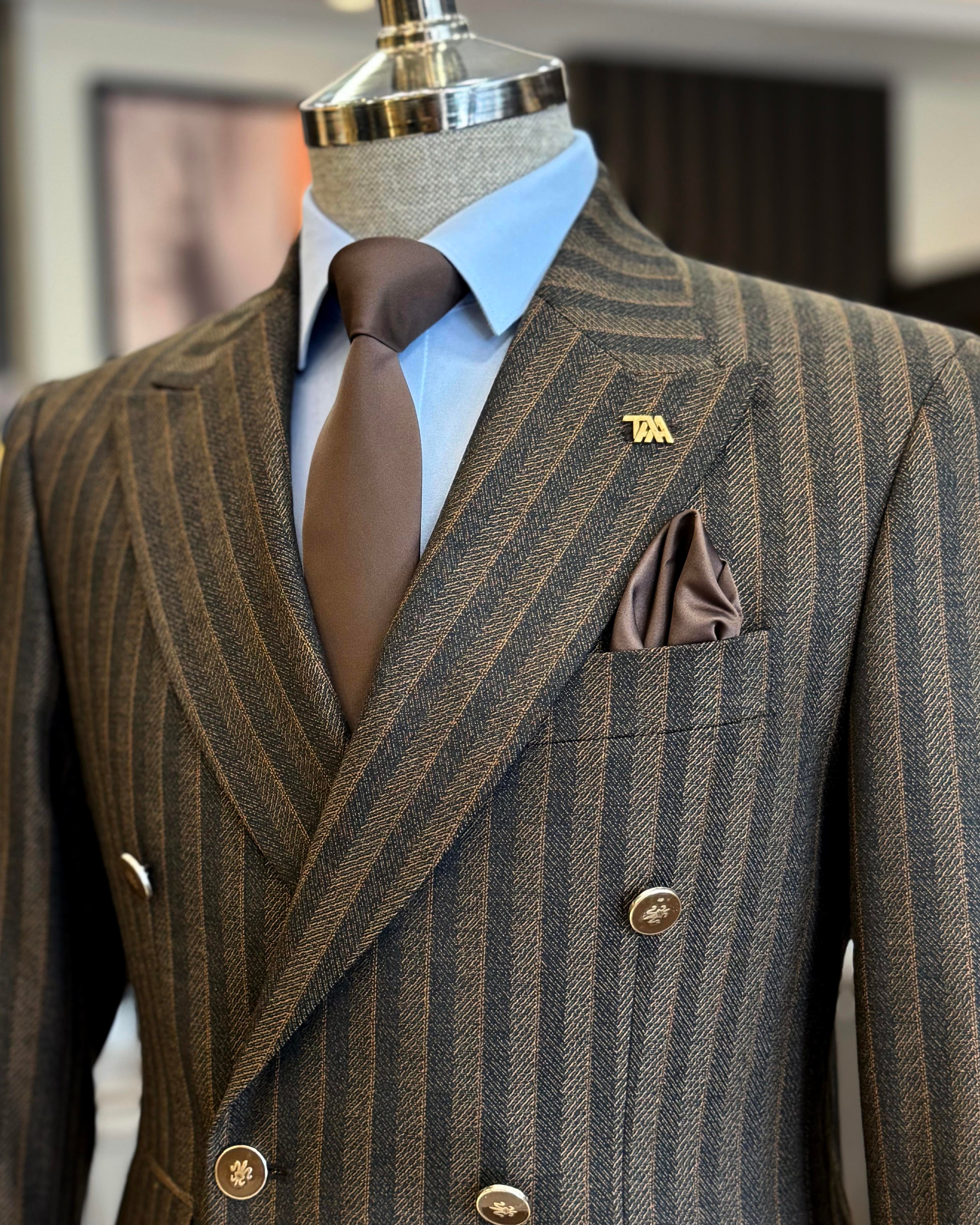 İtalyan stil slim fit erkek çizgili kruvaze ceket pantolon takım elbise kahverengi T12985