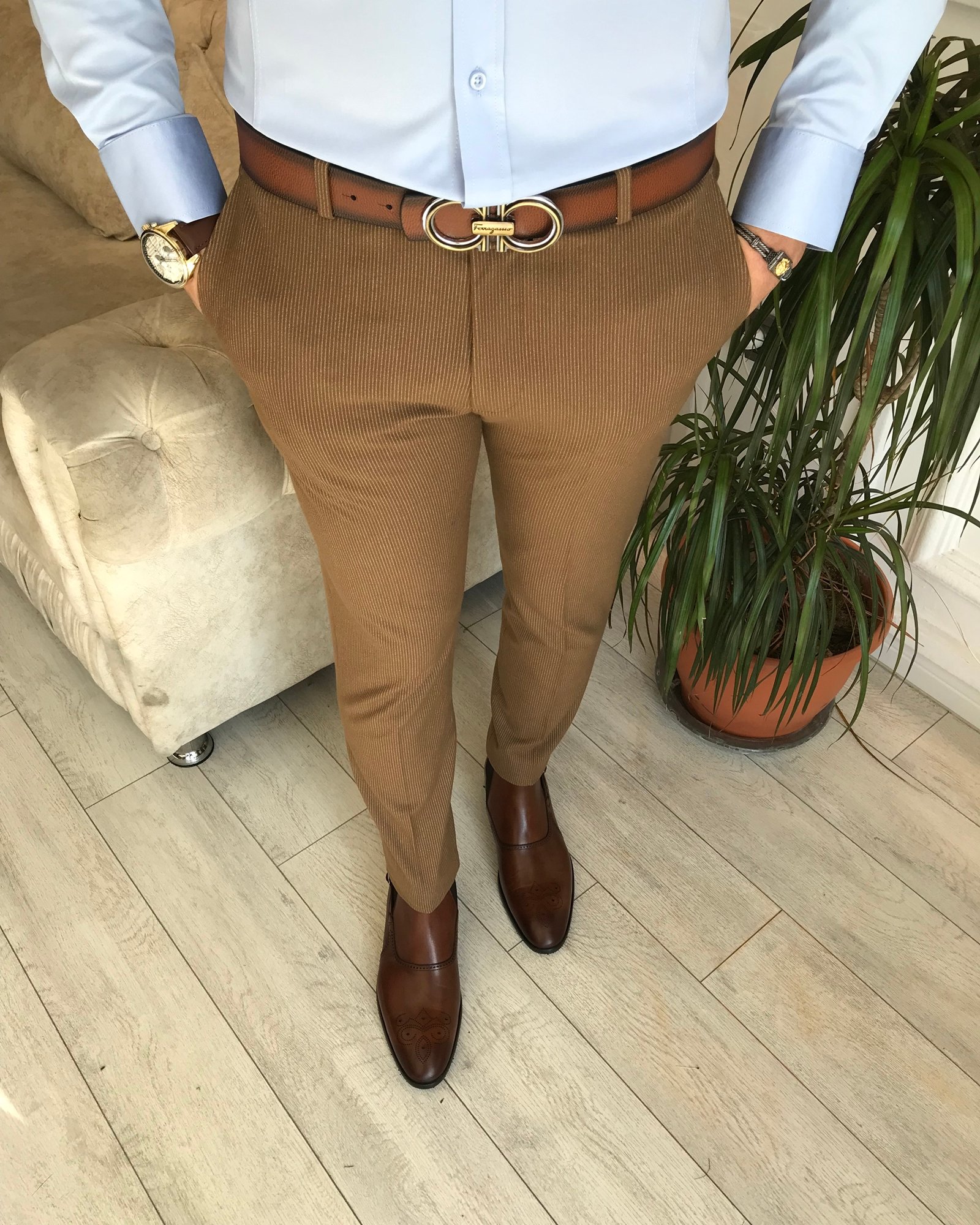 İtalyan stil slim fit erkek çizgili kumaş pantolon Kahverengi T6619
