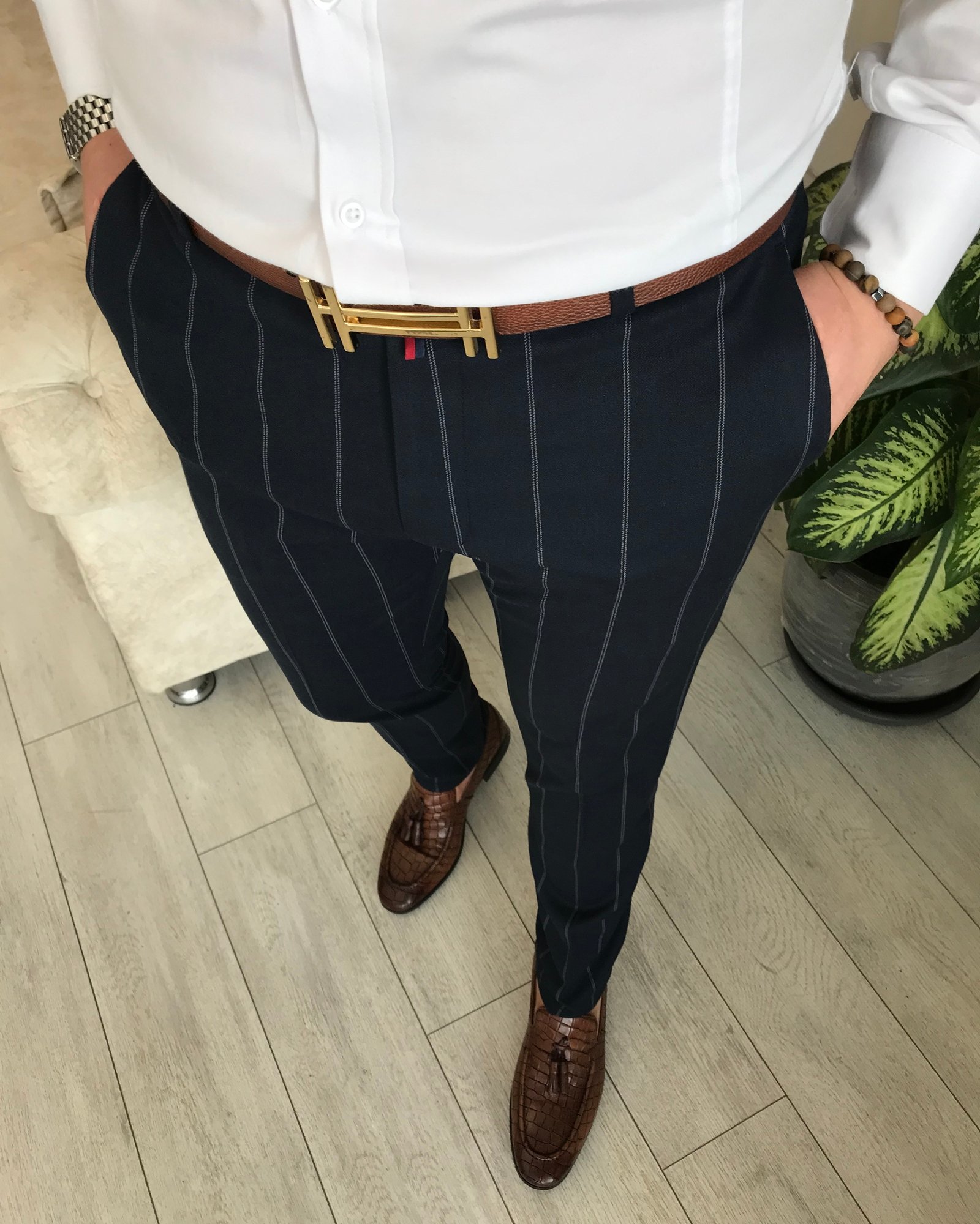 İtalyan stil slim fit erkek çizgili  kumaş pantolon Lacivert T4971