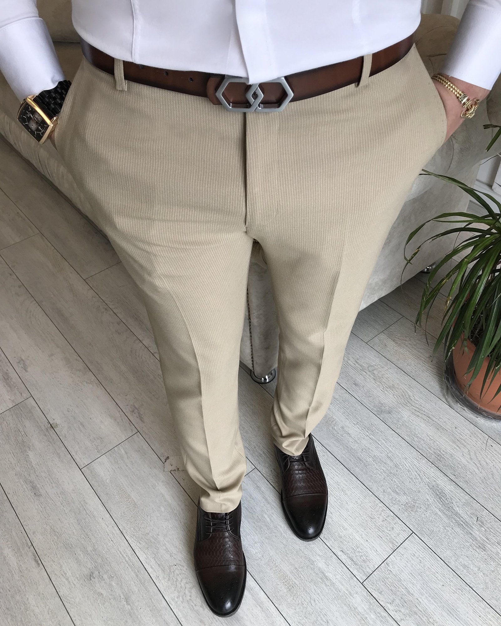İtalyan stil slim fit erkek çizgili kumaş pantolon Bej T7147