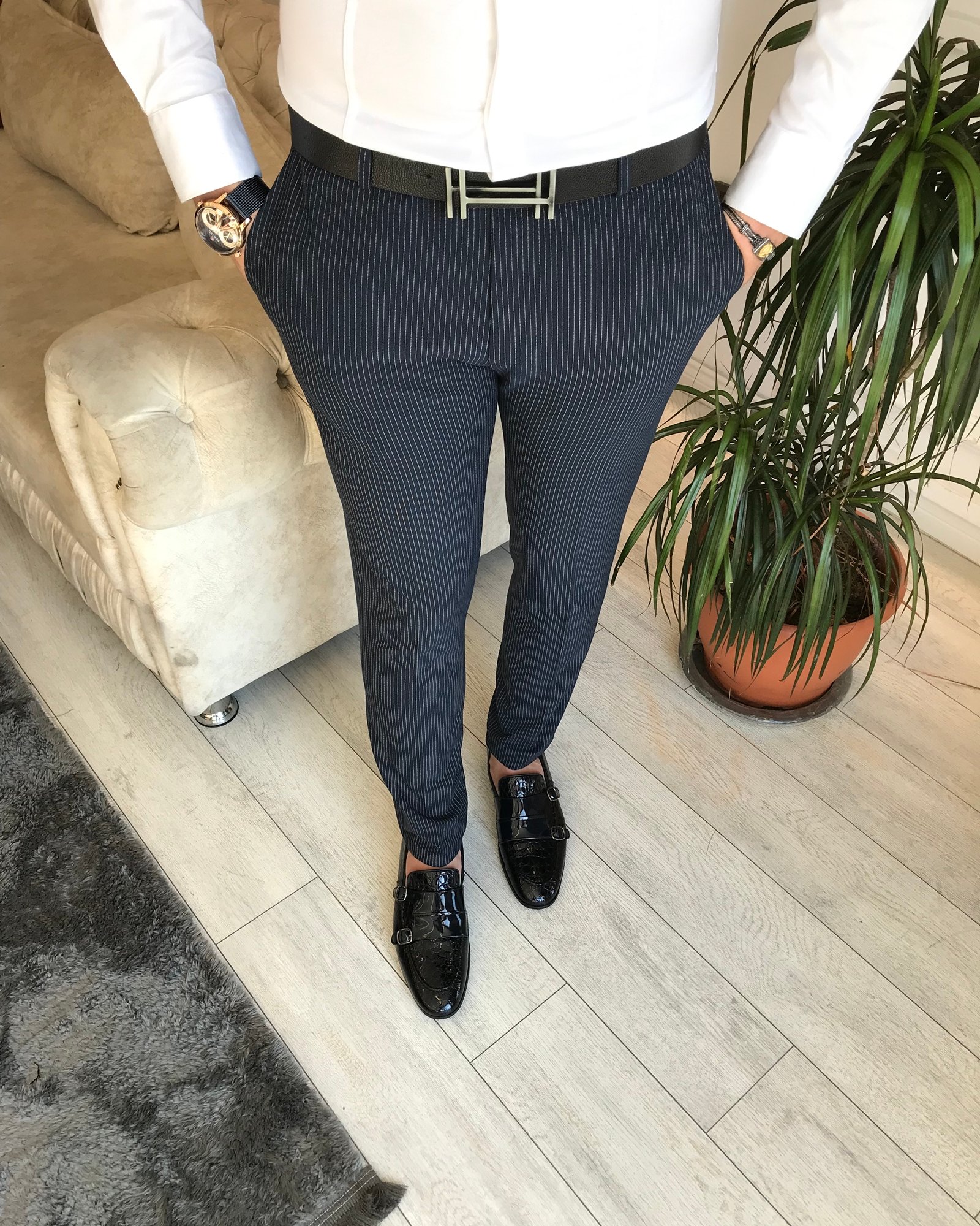İtalyan stil slim fit erkek çizgili kumaş pantolon Lacivert T6613