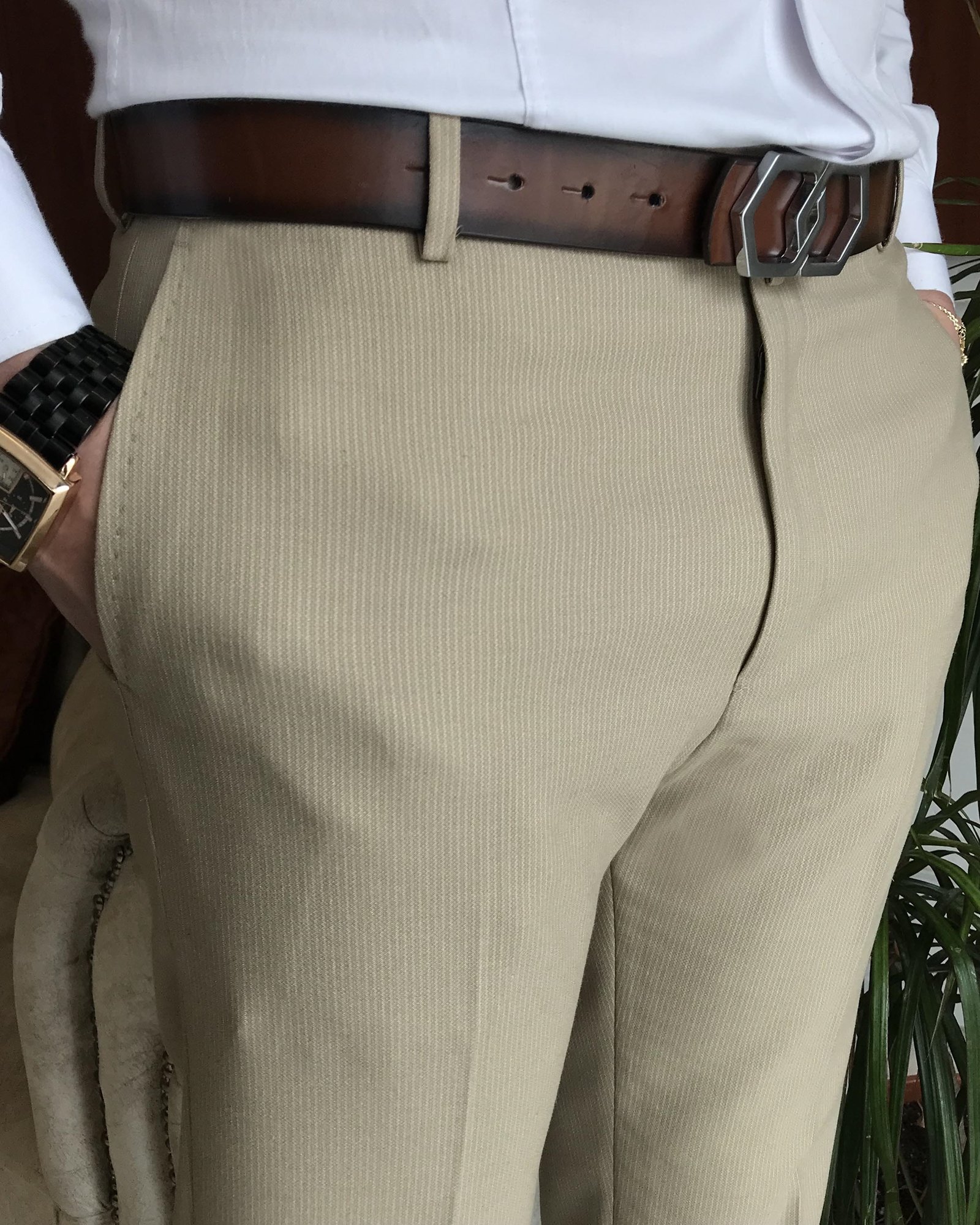 İtalyan stil slim fit erkek çizgili kumaş pantolon Bej T7147