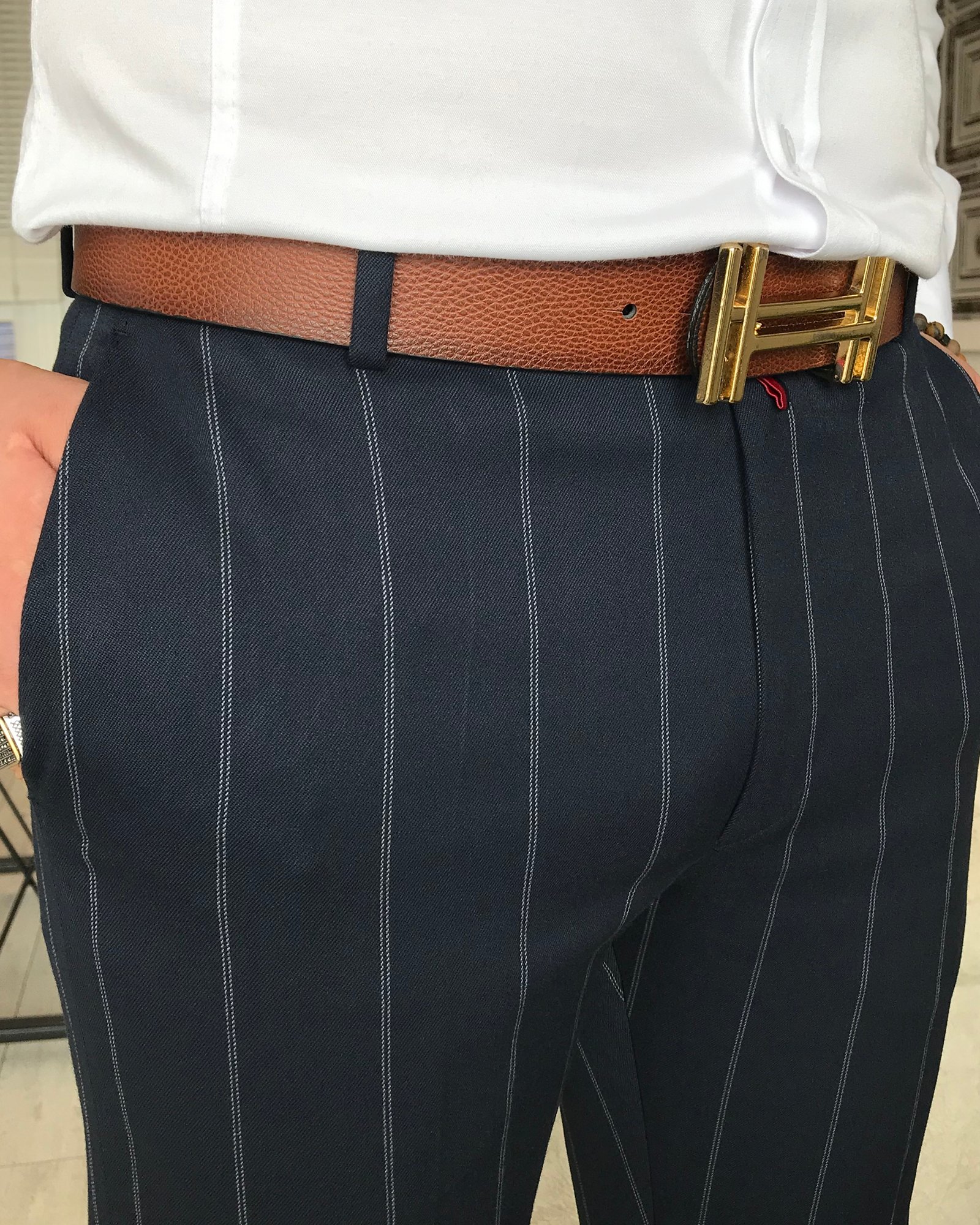 İtalyan stil slim fit erkek çizgili  kumaş pantolon Lacivert T4971
