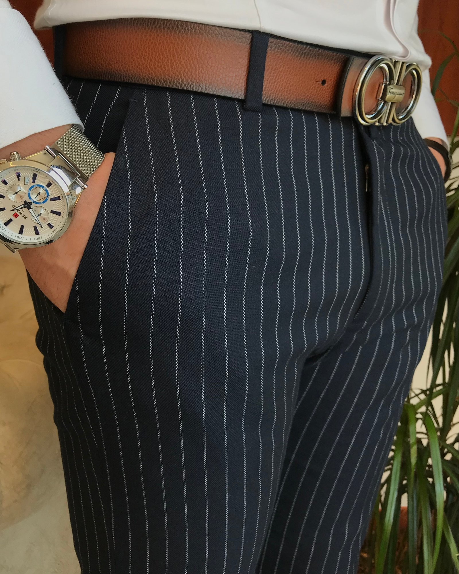 İtalyan stil slim fit erkek çizgili kumaş pantolon Lacivert T6613