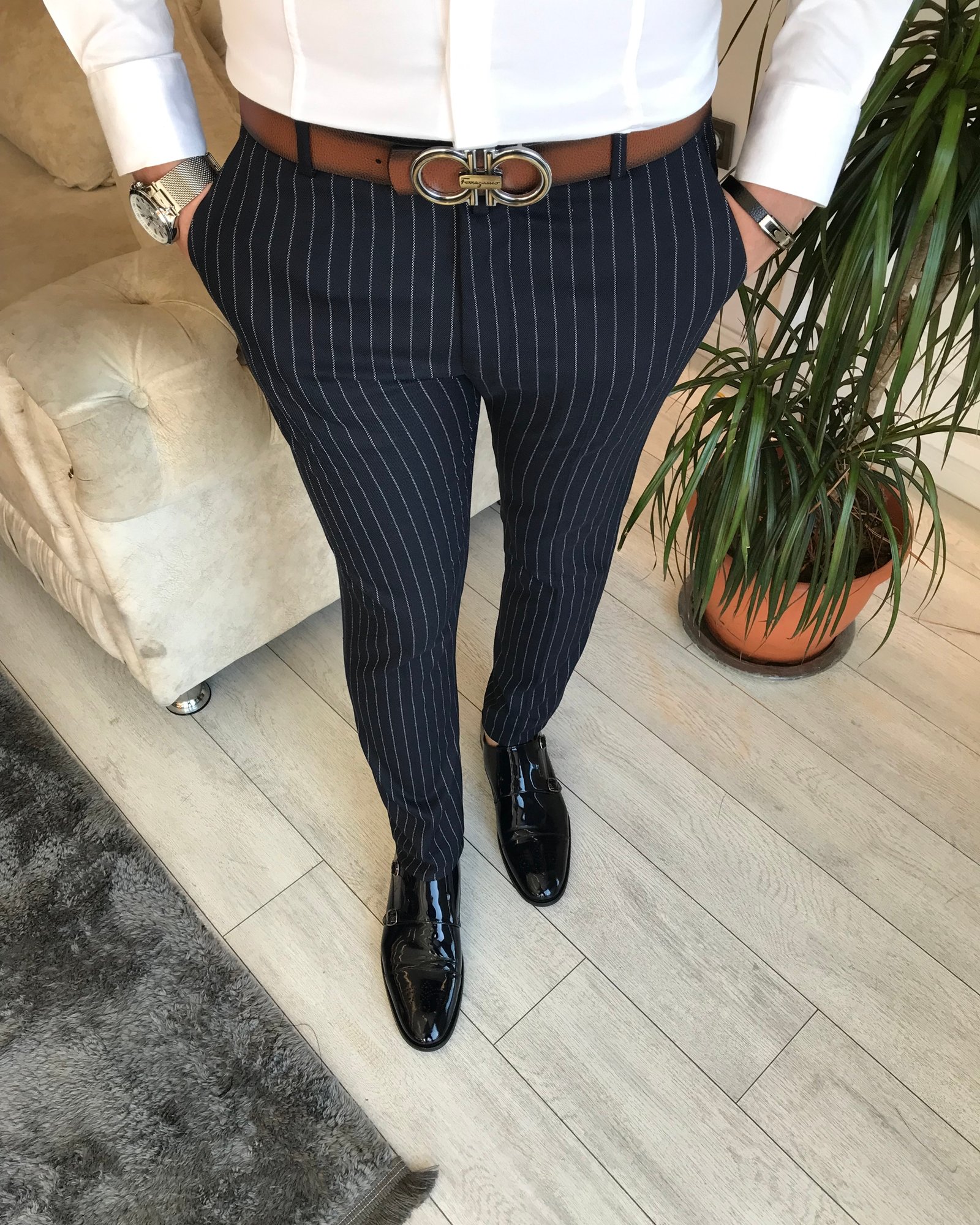 İtalyan stil slim fit erkek çizgili kumaş pantolon Lacivert T6613