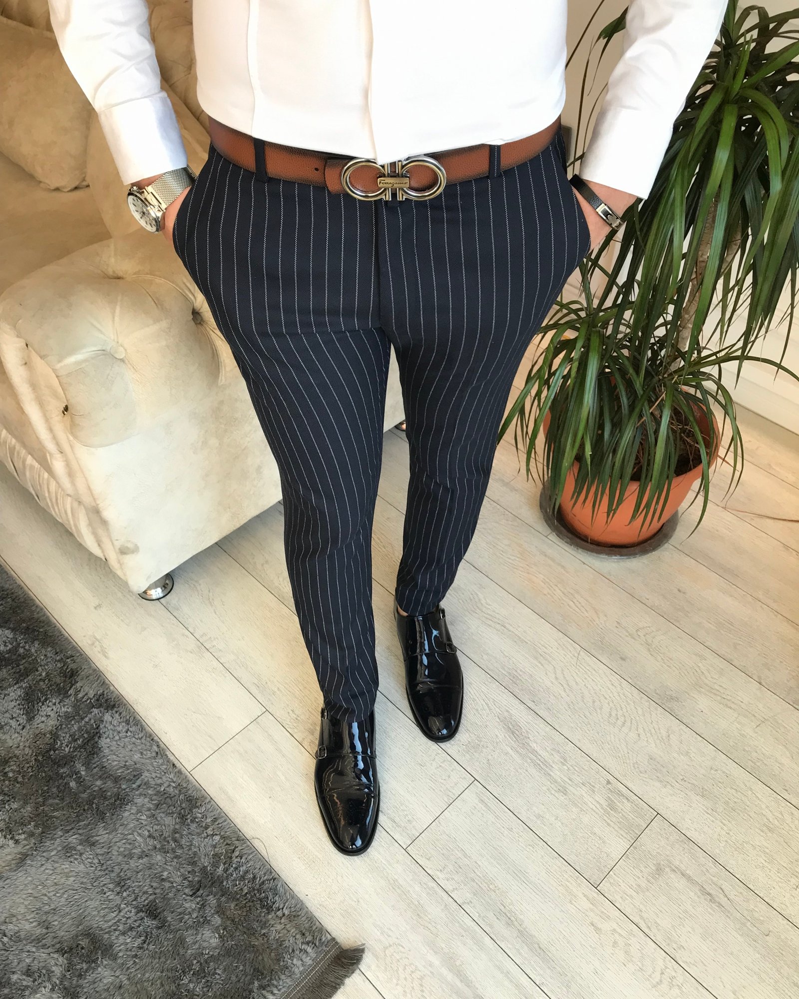 İtalyan stil slim fit erkek çizgili kumaş pantolon Lacivert T6613