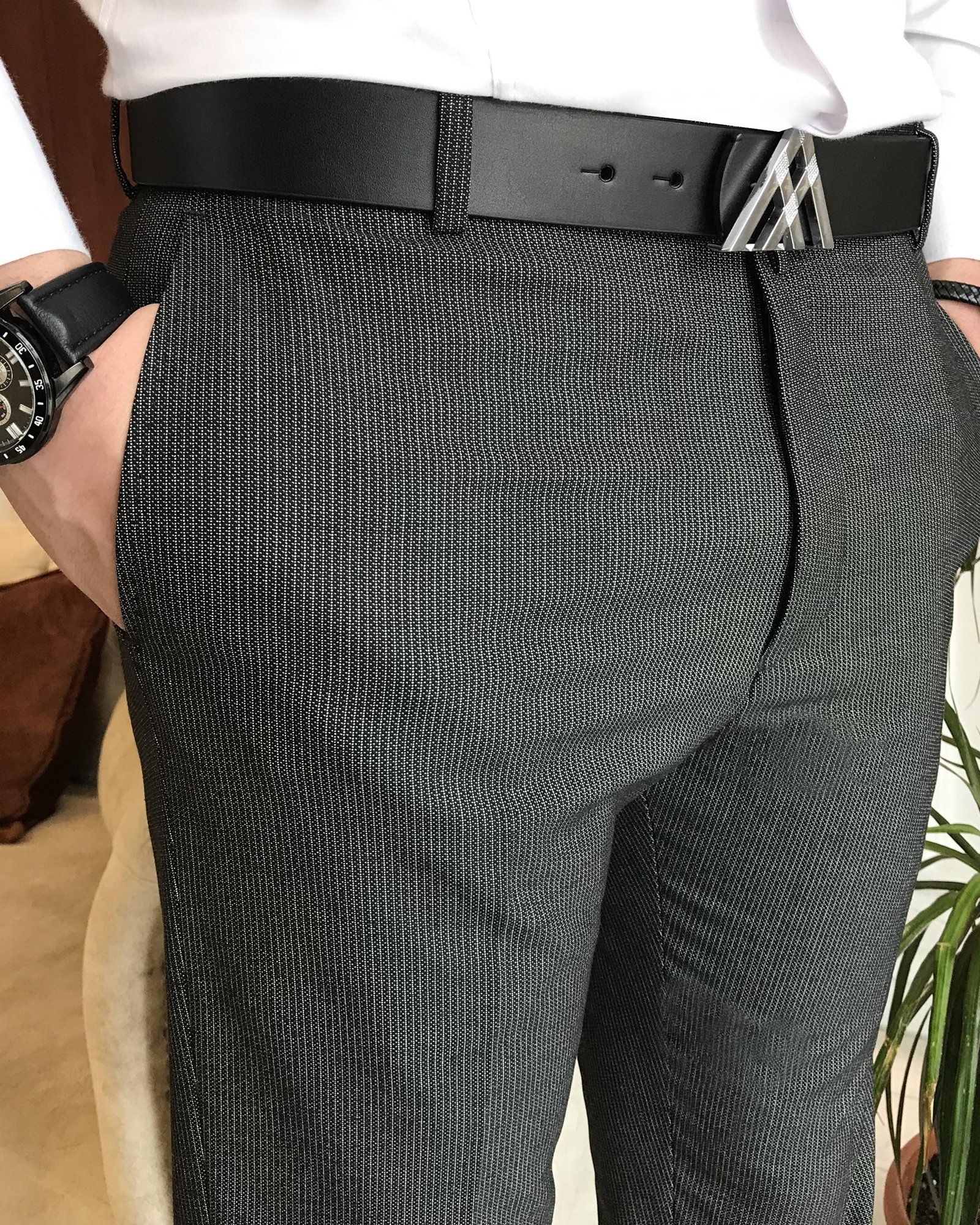 İtalyan stil slim fit erkek çizgili kumaş pantolon Antrasit T7146