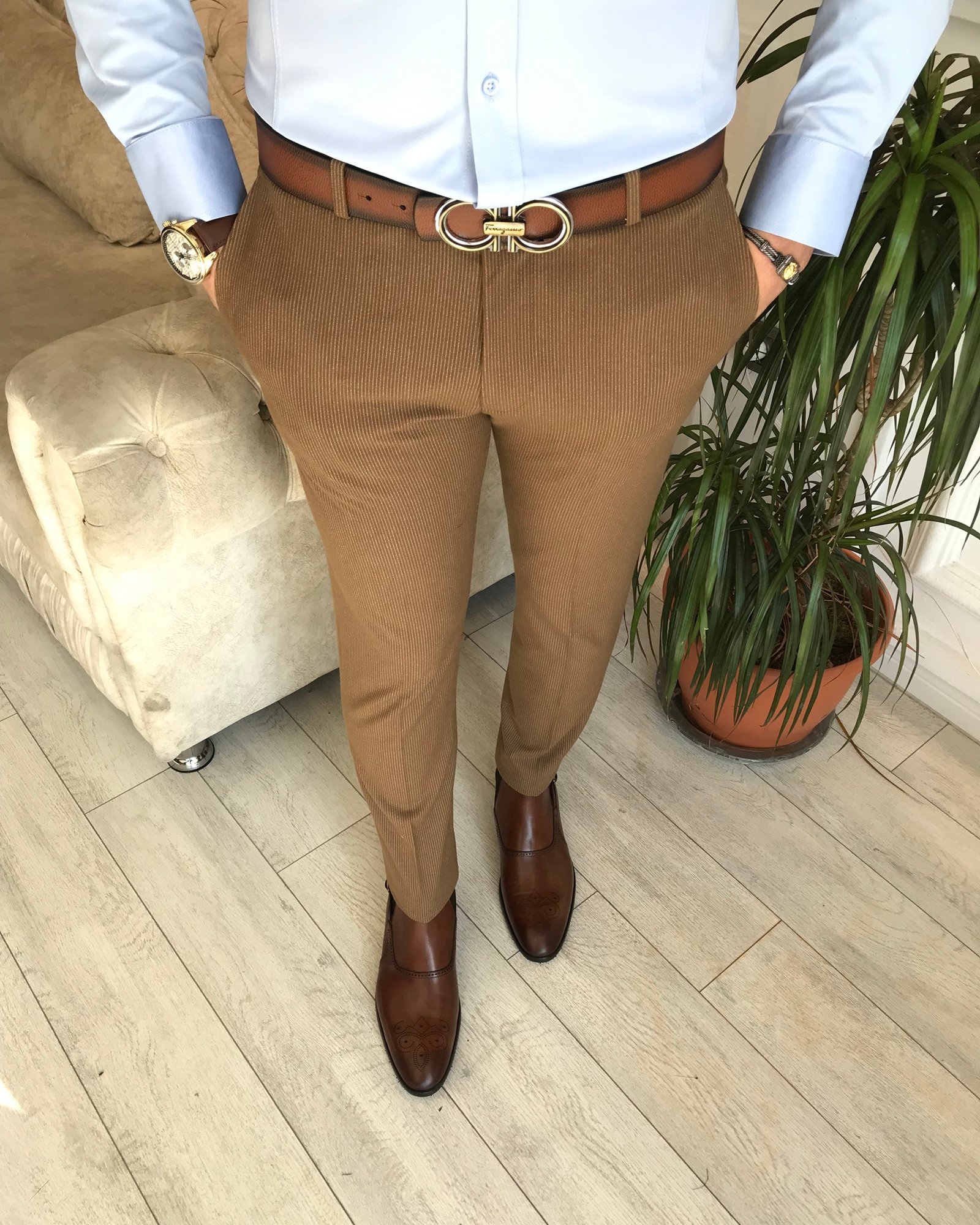 İtalyan stil slim fit erkek çizgili kumaş pantolon Kahverengi T6619