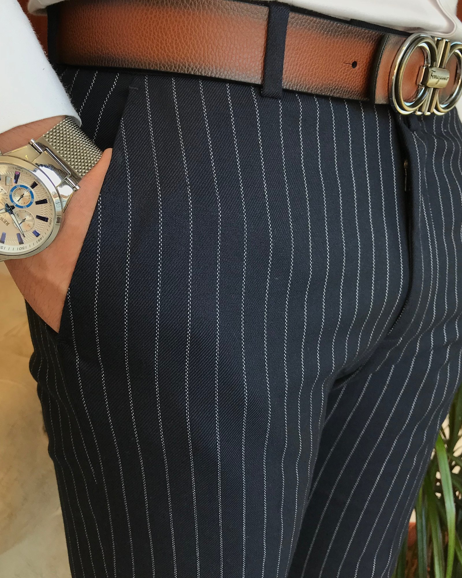 İtalyan stil slim fit erkek çizgili kumaş pantolon Lacivert T6613