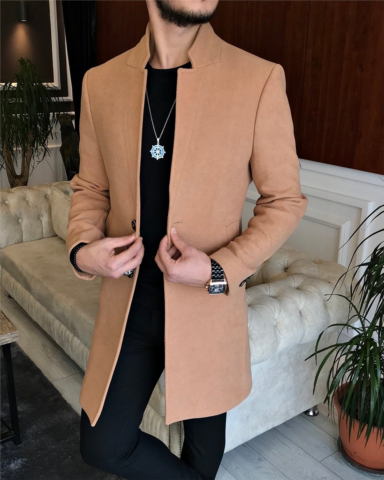İtalyan stil slim fit erkek dik mono yaka yün kaşe kaban Camel T6518