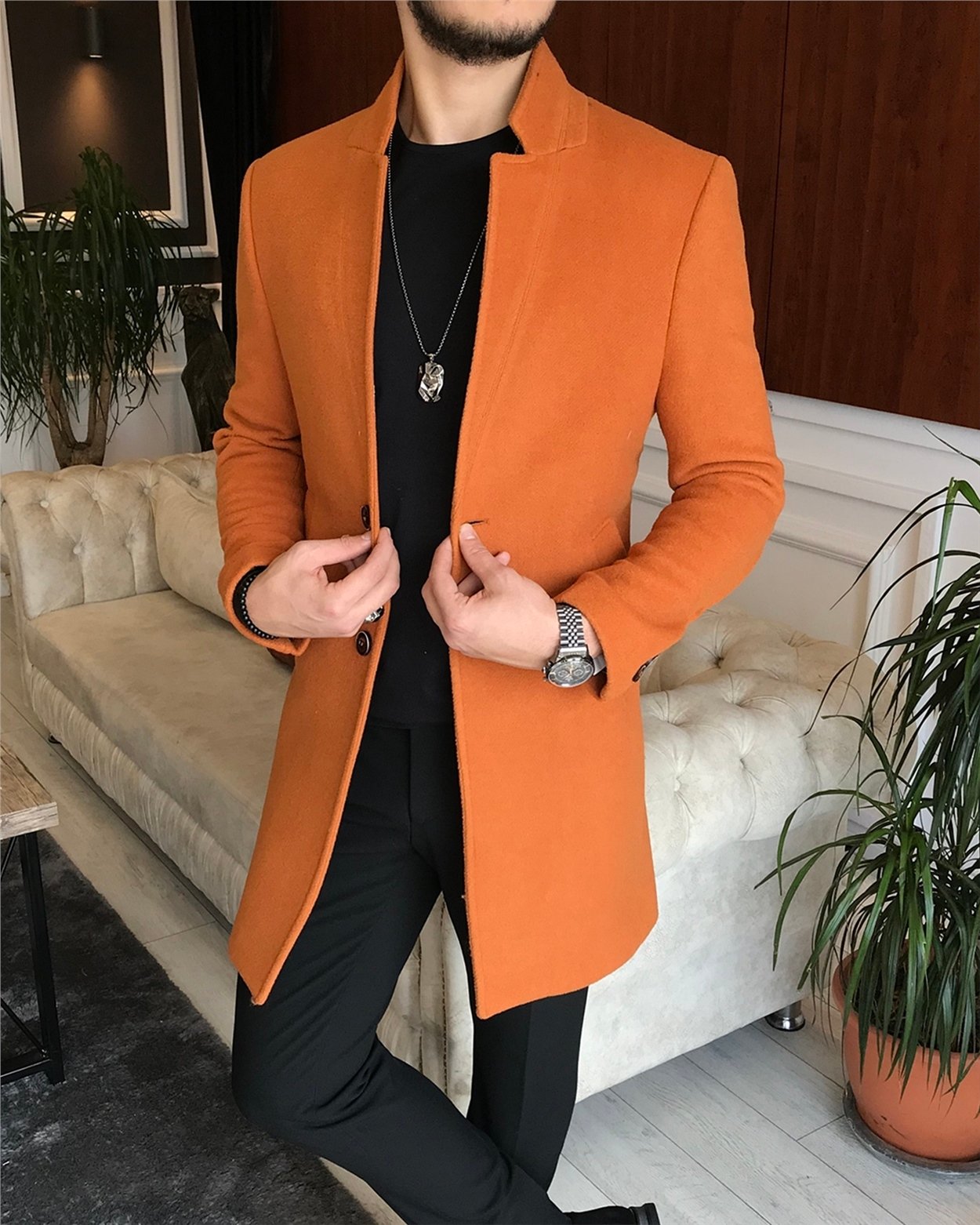 İtalyan stil slim fit erkek dik mono yaka yün kaşe kaban Turuncu T8681