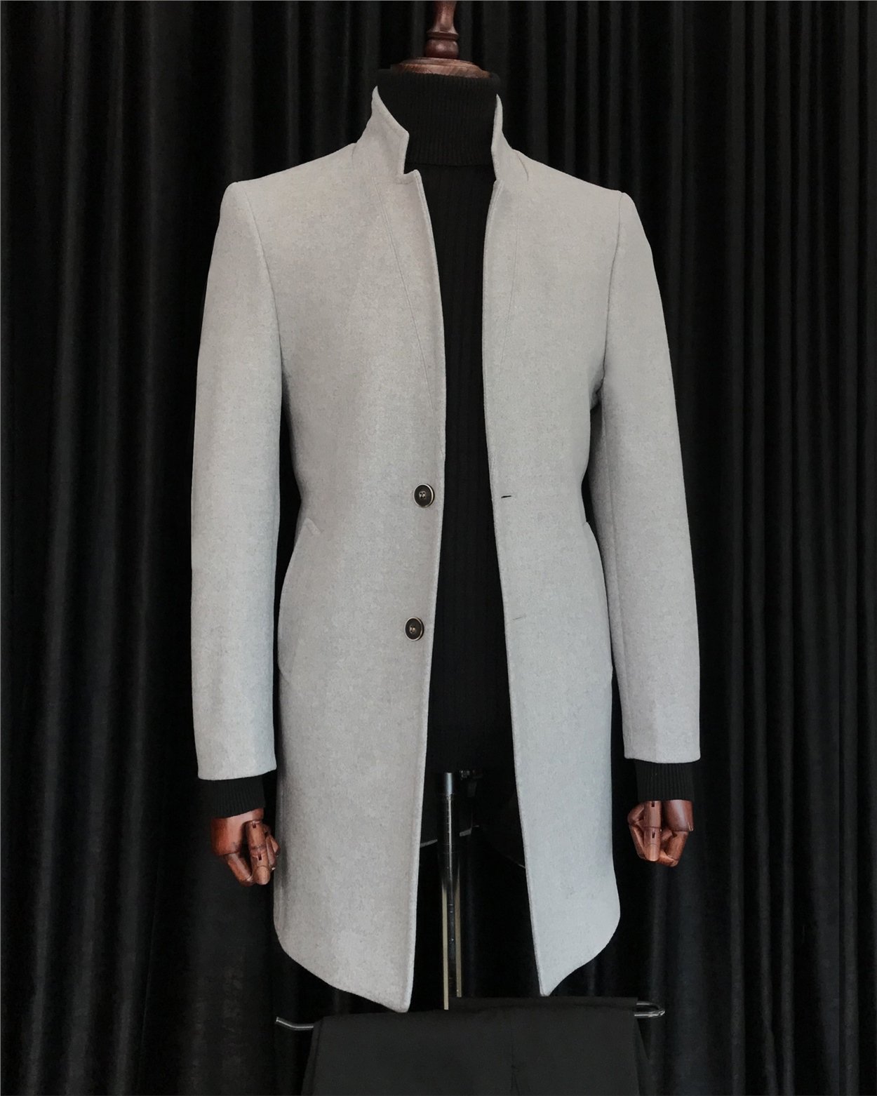 İtalyan stil slim fit erkek dik mono yaka yün kaşe kaban Gri T6522