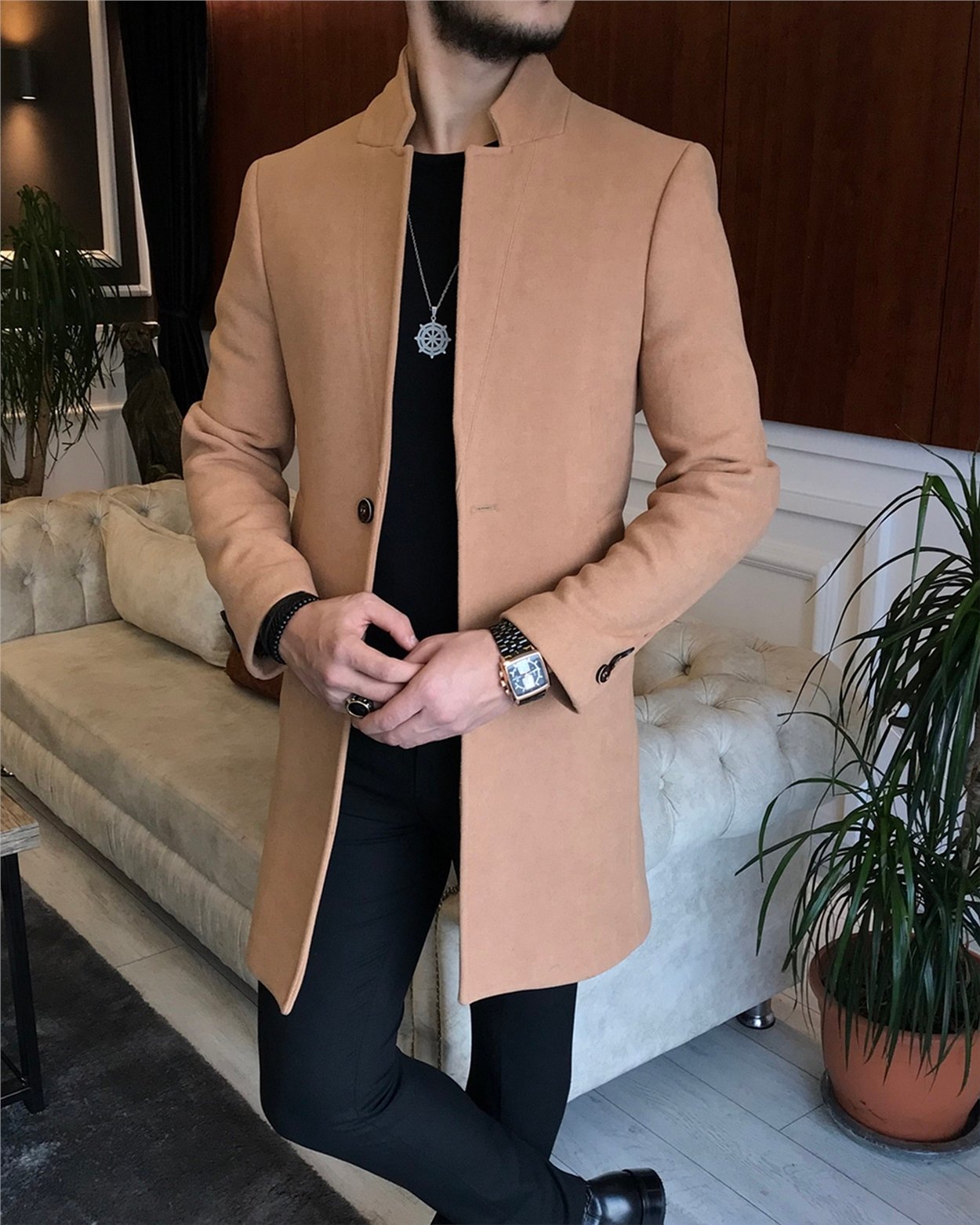 İtalyan stil slim fit erkek dik mono yaka yün kaşe kaban Camel T6518