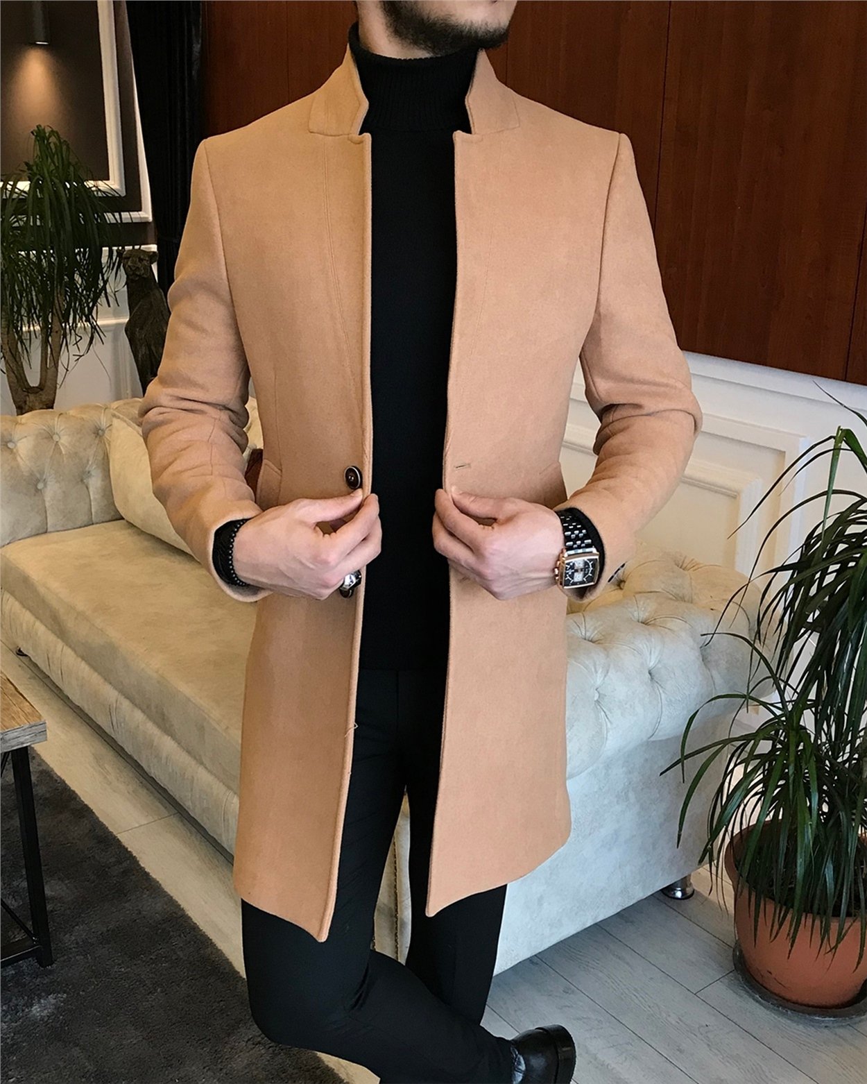 İtalyan stil slim fit erkek dik mono yaka yün kaşe kaban Camel T6518